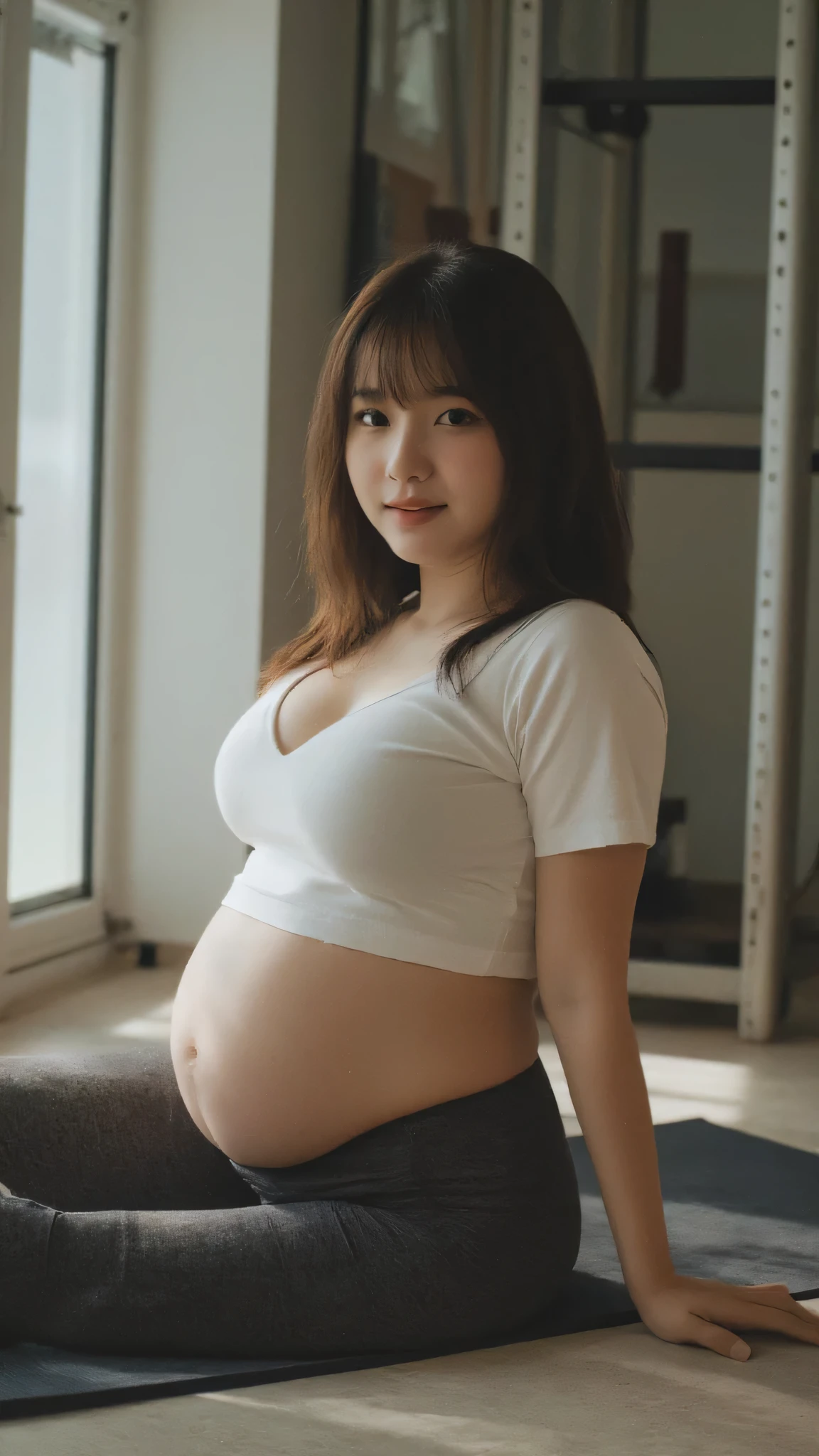 top-quality, masterpiece, young beautiful girl, large breasts, straight hair, natural light, white skin, Asian, pregnant, very big belly, crop top t shirt and long leggings, sweet smile, in the gym, laying on the yoga mat