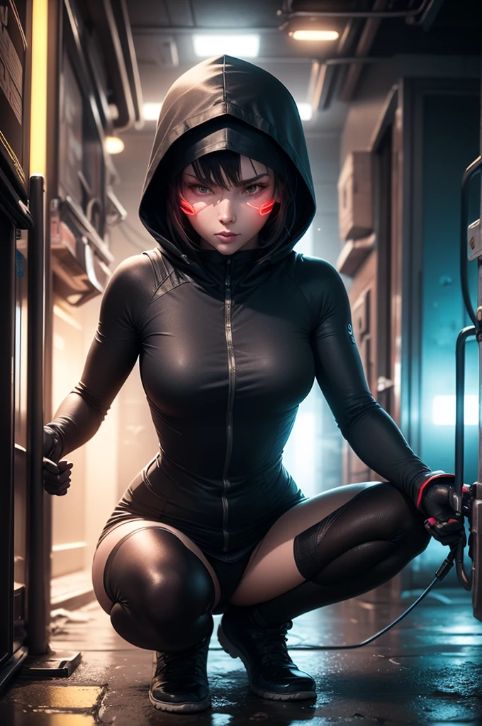 (full body:2),(1girl:1.3),(view the viewer:1.4),(anatomy correct:1.5),(Sitting by the creek,:1.35),(Polished zentai made of rubber:1.5),(uniform shoes :1.1),(A woman with large buttocks, breasts, and a slender waist:1.4), (A black cloak:1.2),(Light particle effect:1.3),(In pink | amarelo | blue colors| green color |red color | white colors| black in color| purplish color| greys| Beige| Flesh color 1.4),(Glowing eyes:1.3),(Large amplitude action: 1.3),(Accurate and perfect face:1.4),hyper HD, Ray traching, reflective light,structurally correct, Award-Awarded, high detail, lighten shade contrast, Face lighting ,cinmatic lighting, masterpiece, super detailing, high quality, high detail, best quality, 16k,High contrast,