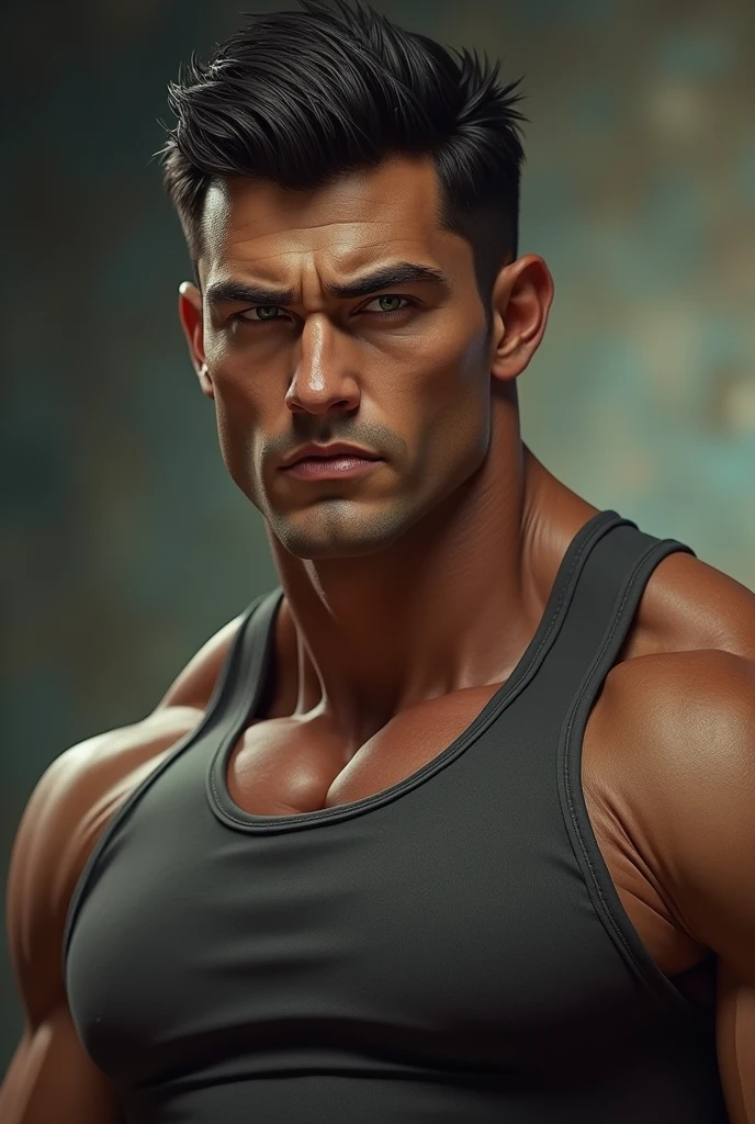 A male character with black hair and no shirt with 