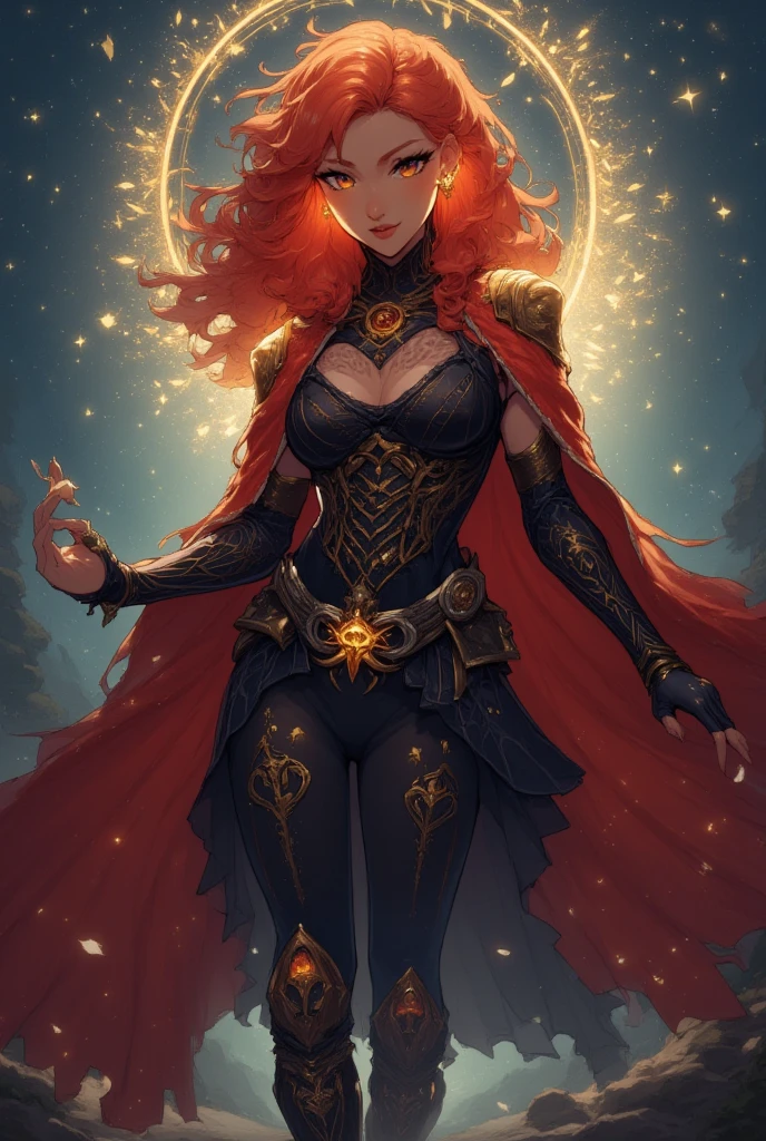 creat a goddess character with red flaming hair, dark black skin, and eyes of gold. A long, flowing cloak of deep crimson billowed behind her, adorned with intricate golden embroidery that seemed to depict the cycles of life and death—a blooming flower intertwining with a wilting vine. Beneath the cloak, a fitted bodice of obsidian black, encrusted with tiny crystalline shards, shimmered like the night sky. Her sleeves were asymmetrical: one long and elegant, flowing with golden threads, while the other arm remained bare, revealing a luminous tattoo etched into her skin. The markings glowed faintly, pulsating in rhythm with her heartbeat, symbolizing her bond with Thalvoris and Saturnia. Her boots, sturdy yet ornate, gleamed with silver accents, their soles leaving trails of stardust with each step. Around her waist, a belt made of interlocking crescent moons held a dagger and a small, empty vial—remnants of her mortal journey. Finally, atop her head, a delicate circlet of light took shape, not a crown but an ethereal halo.