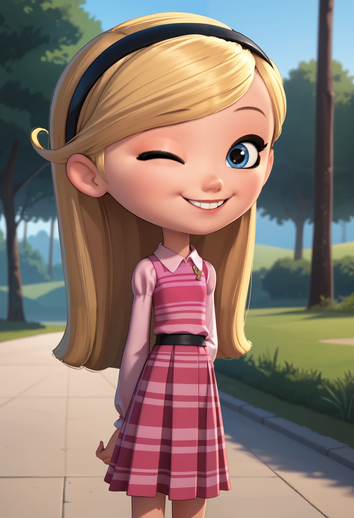 1girl, solo, penny peterson, long hair, blue eyes, 3d, blonde hair, skirt, pleated skirt, hairband, black hairband, white socks, dress, pink dress, long sleeves, puffy sleeves, Black Mary Janes, cute smile, happy, giggling Expression, laughter, teeth, one eye closed, Sakura trees, joyful, ,excited expression ,brightly sunshine, beautiful art, looking at viewer, Arms behind back.