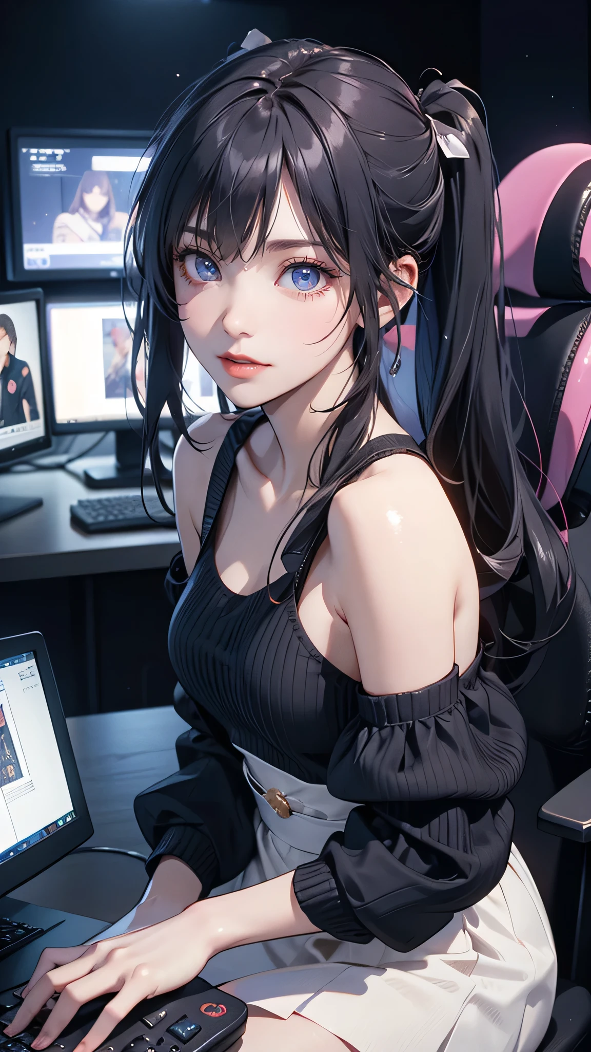masterpiece:1.3, top-quality, ultra high res, ultra detailed), (realistic, photorealistic:1.4), beautiful illustrations, perfect lighting, natural lighting, colorful, depth of fields, twin bun hair,
looking at the viewer, upper body, (front view), 1 girl, perfect face, cute symmetrical face, shiny skin, , long eyelash, (Small breasts), (wide hips),
beautiful detailed hair, beautiful detailed face, beautiful detailed eyes, beautiful body, beautiful clavicle, beautiful breasts, beautiful thighs, beautiful feet, beautiful fingers, 
(beautiful scenery, cute smile:1.2, upper eye),beautiful girl, glasses, pigtails, (only sweatshirt), game controller, headphone, 
(multiple computers:1.5), (dark room:1.5), sitting on the floor, under the covers, (disheveled, japanese room:1.2, lots of game consoles), erotic game,