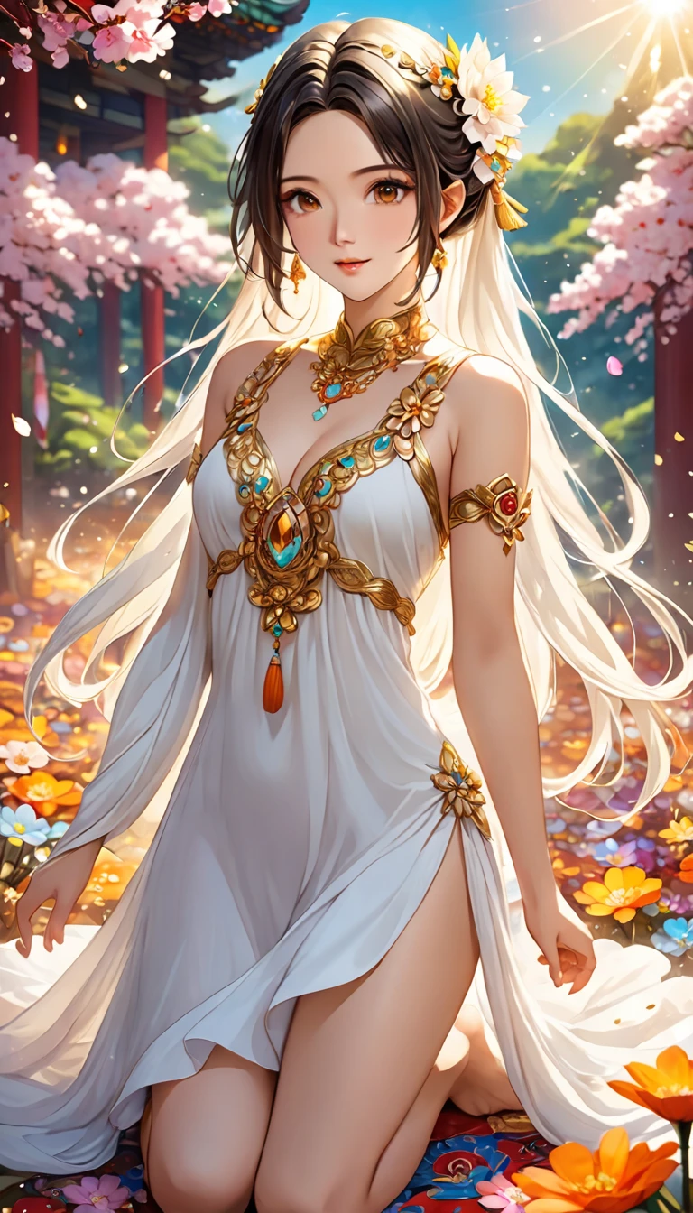 1girll, Anime fantasy artwork, Plump breasts，gigantic cleavage breasts:1.6， Long hair，Shiny skin:1.4，primitive，tmasterpiece，ultra fine photos，，best qualtiy，超高分辨率，Photoreality，rays of sunshine，full-body portraits，stunningly beautiful，，dynamicposes，delicated face，Vibrant eyes，（seen from the side），Red and gold color scheme，Very detailed stone temple background，detailed face with，Detailed and complex busy background，Untidy，opulent，Highly detailed skin，Realistic details of skin，Visible Pore，tack sharp focus，volume fog，8K  UHD，digital SLR camera，high qulity，filmgrain，White skin of the，photo-realism，DL， look from down, semi transparent