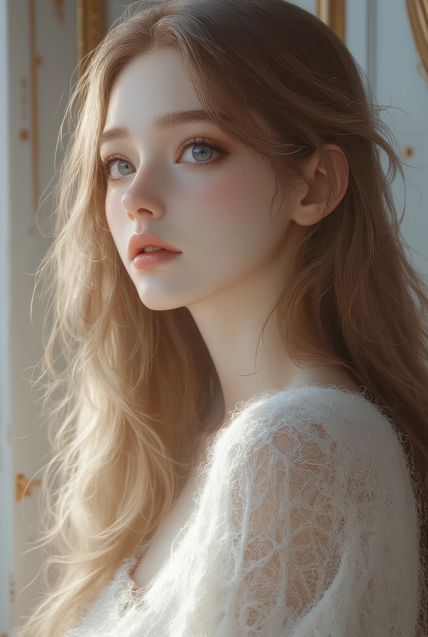 a beautiful woman with beautiful eyes :1.2, detailed blue eyes , full and beautiful lips , highly detailed eyes and faces , long lashes , long loose hair, smooth slightly wavy and blond ,Serious and sexy expression, side profile, to smile,1.4, standing, closely , homemade background , white sweater, white wall with gold details, Warm Light, Detailed lighting and shadows , anime style , 8k, high resolution , masterpiece :1.4, bright colors.