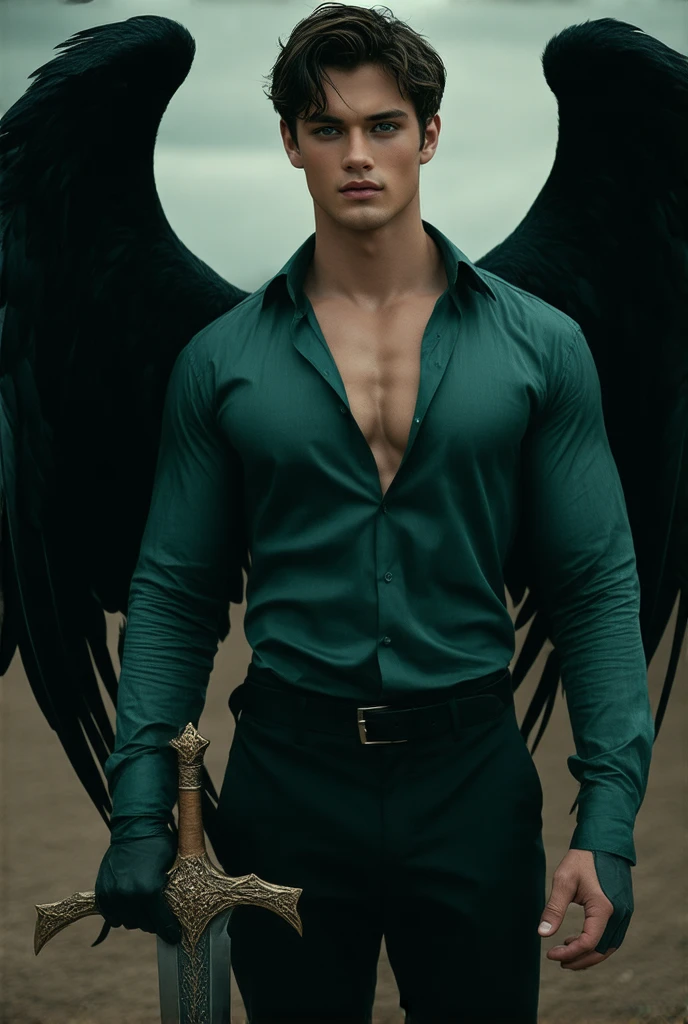 ((masterpiece)) ((4k resolution)) ((Whole body)) 30 year old man, Light brown hair, short hair, eyes the color of honey, bright Eyes, male face, three-day unshaven beard, intense and seductive look, with angel wings, black wings, muscled body, pectoral display, body hair, Black pants, necklace with an emerald pendant. scene: 1950s detective office.