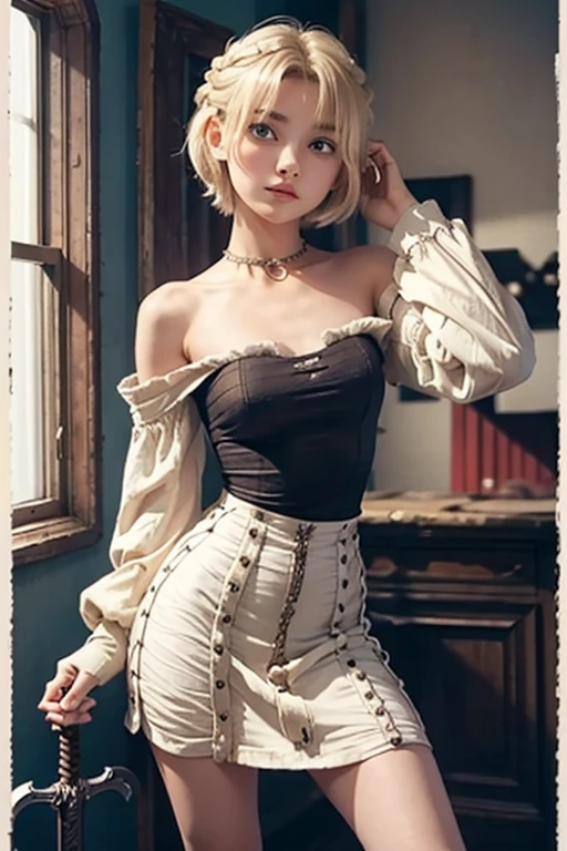 Short hair cowgirl in old west bar,Blonde,sitting,pipe,table Wisky,piano,6-round revolver,bucket,table,Poker,dust,artwork,3D,4K,detailed,Practical