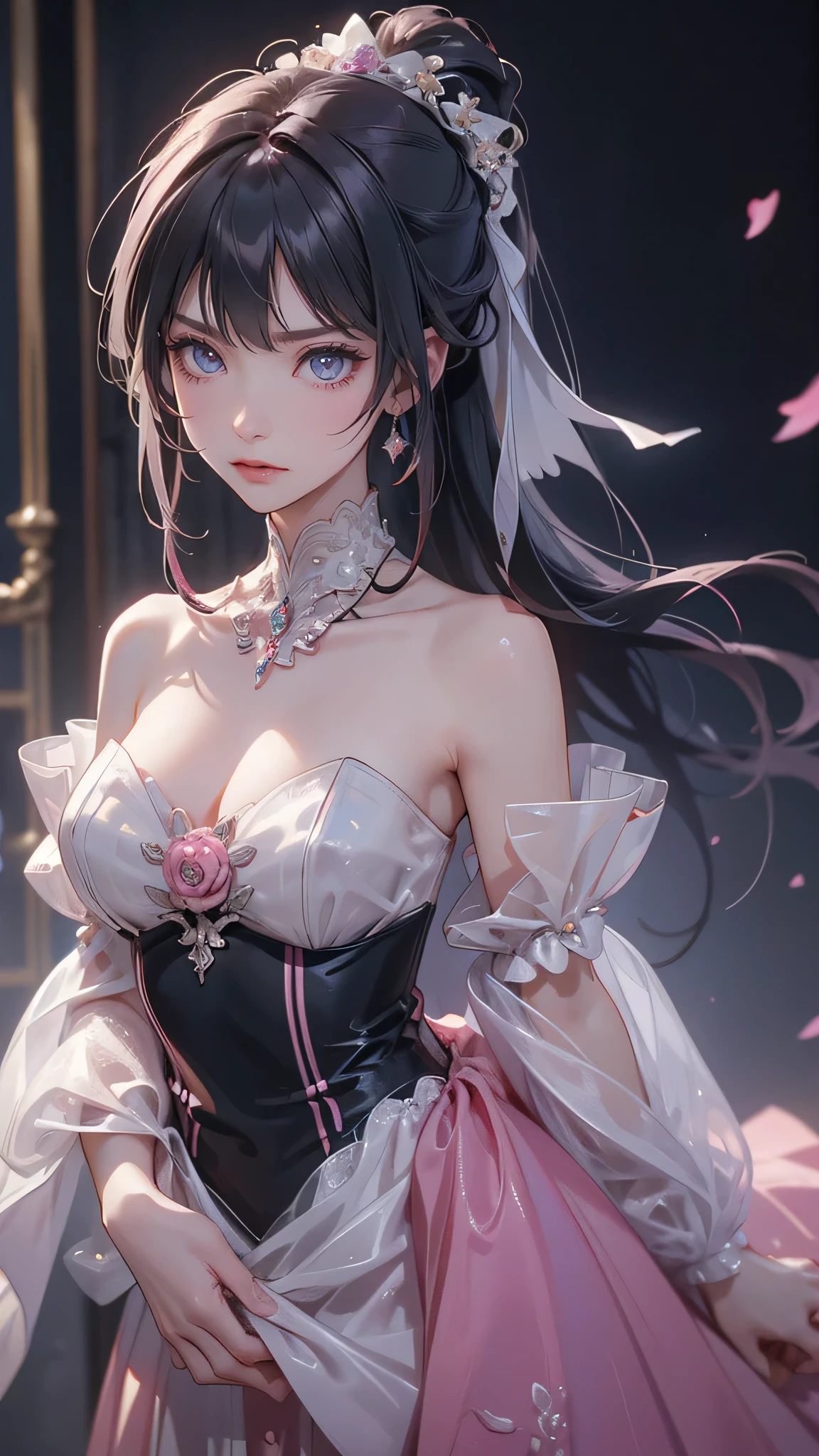 Woman, serious, warrior, armour, elegant, pink dress, aristocratic, silver elements, long nails, bare shoulders, Black hairstyle, hair up, braid and ponytail, messy, arrogant, absurd, detailed dress, royalty, celebration, hall decorated with flowers, cowboy shot, portrait, (best quality), (masterpiece), (highly detailed), (4k)