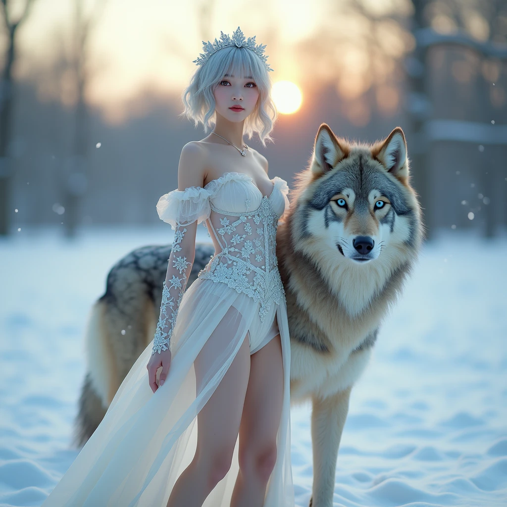 Heavy snowfall,snowing mountain、white wolf、 ((highest quality、masterpiece、8k、best image quality、ultra high resolution、Award-winning work)、(accurate anatomy:1.1)、(look at me and smile:1.1)、Shining fair skin with ultra high resolution、most detailed face、ultra high resolution detailed face、white short hair flowing 、Beautiful face drawn in every detail、(blurred background:1.1)、breast fully covered by fur Russian traditional clothing,real wolf beside the girl 