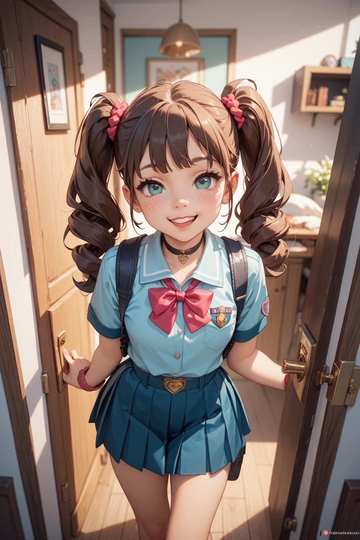 best quality, ultra-detailed, (1girl, solo, <lyco:hair_bow_side_of_head-v1:1>, hrbwonsoh, hair bow, xxbothsidexx, kids kindergarten uniform ,, , smirk, ), in the middle of an empty street