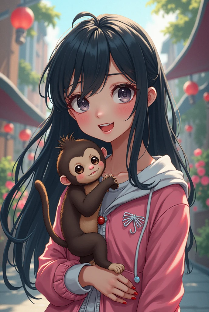 girl with long brown hair and beautiful dress, red lips,cute monkey in her hands