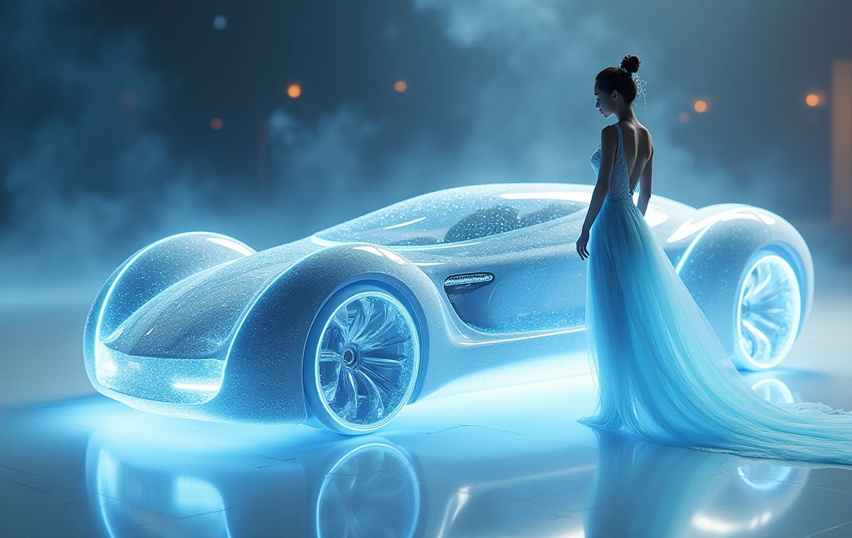 A car with woman carry a waterfall