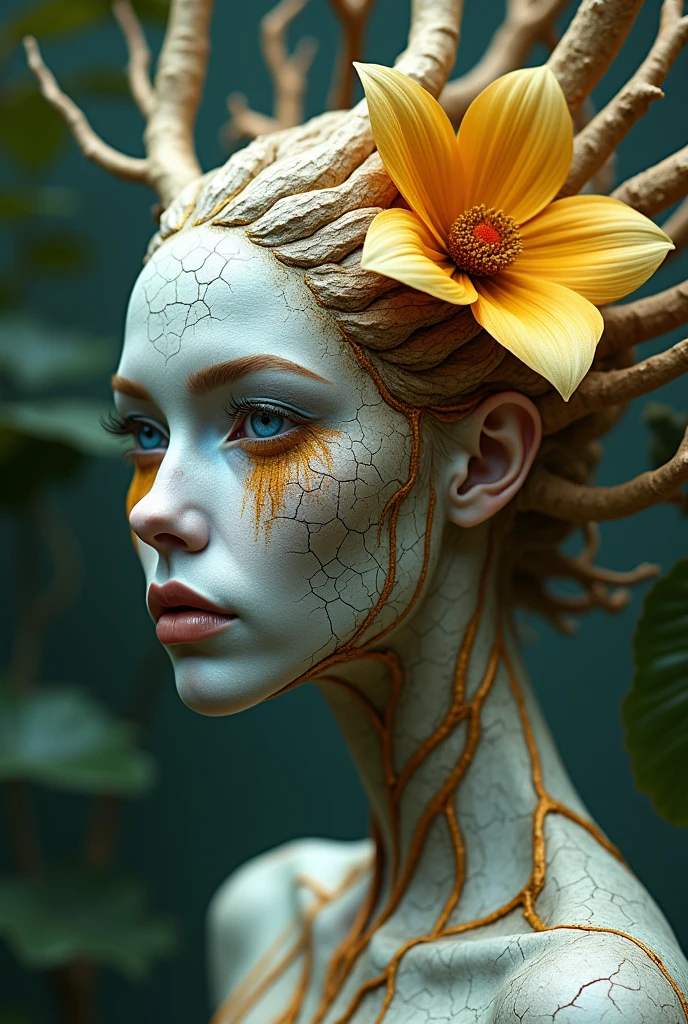 Surrealism, face, statue, cracks, molten gold in cracks, sorceress, green algae, silver hair, black eyes, flowers