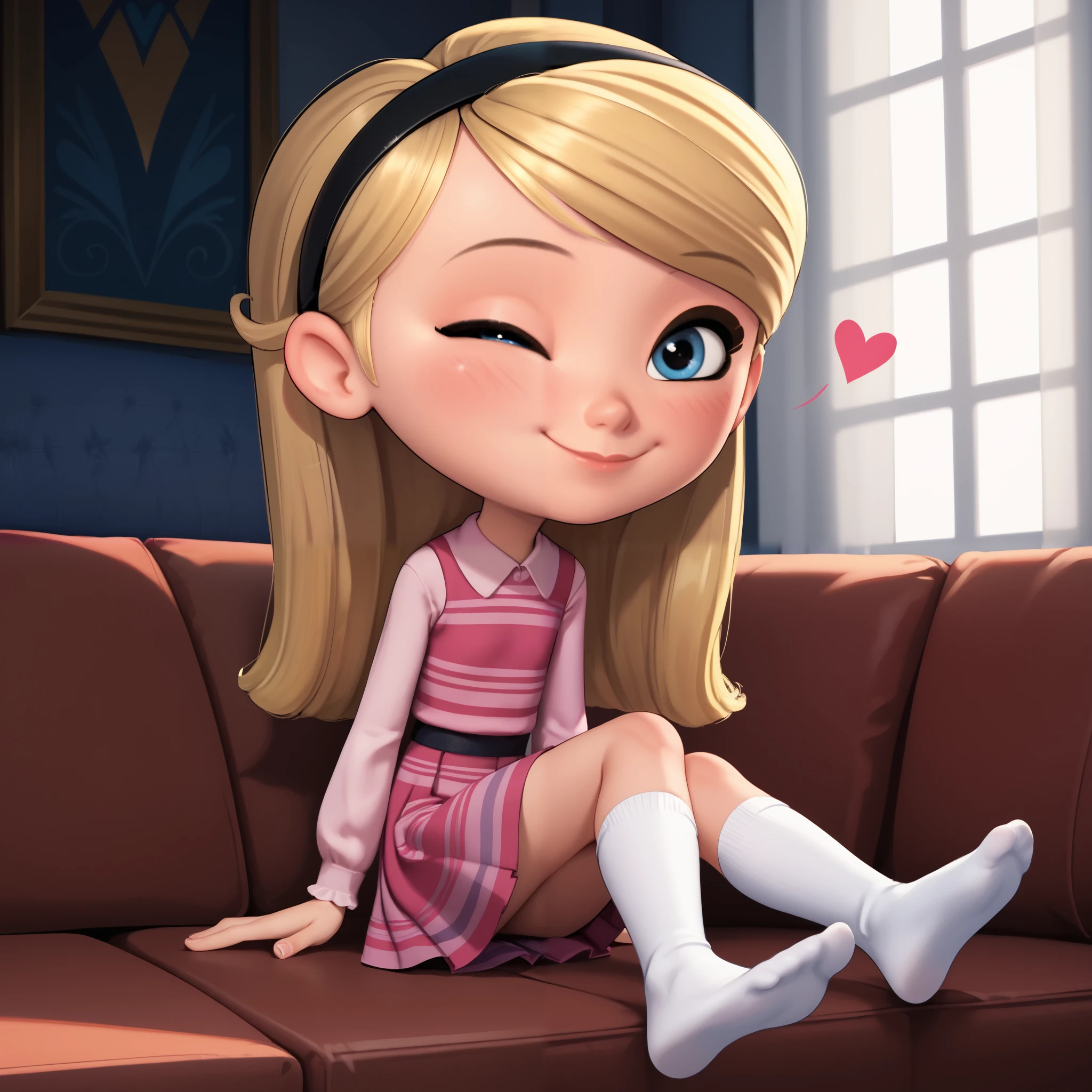 1girl, solo, penny peterson, long hair, blue eyes, 3d, blonde hair, skirt, pleated skirt, hairband, black hairband, white socks, dress, pink dress, long sleeves, puffy sleeves, no shoes, sitting, sofa, leaning forward, indoors, blush, smile, cute smile, closed mouth, heart-warming, one eye closed, looking at viewer, soft lighting, hearts