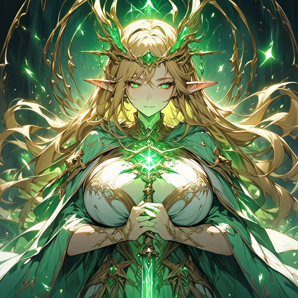 "Illustrate Elara, the Forest Queen, standing fiercely in the midst of a chaotic battlefield. She has large flowing white hair that cascades around her, and her striking green eyes glow with determination. Elara is adorned in elegant, nature-inspired armor made of leaves and vines, symbolizing her connection to the forest. She is casting powerful magic, with vibrant green energy swirling around her hands, forming protective barriers and summoning nature’s wrath against dark forces. The background should depict a tumultuous scene of dark creatures and ominous clouds, contrasting with the vibrant energy she radiates, showcasing her role as a protector of the forest, she's battling against dark forces''