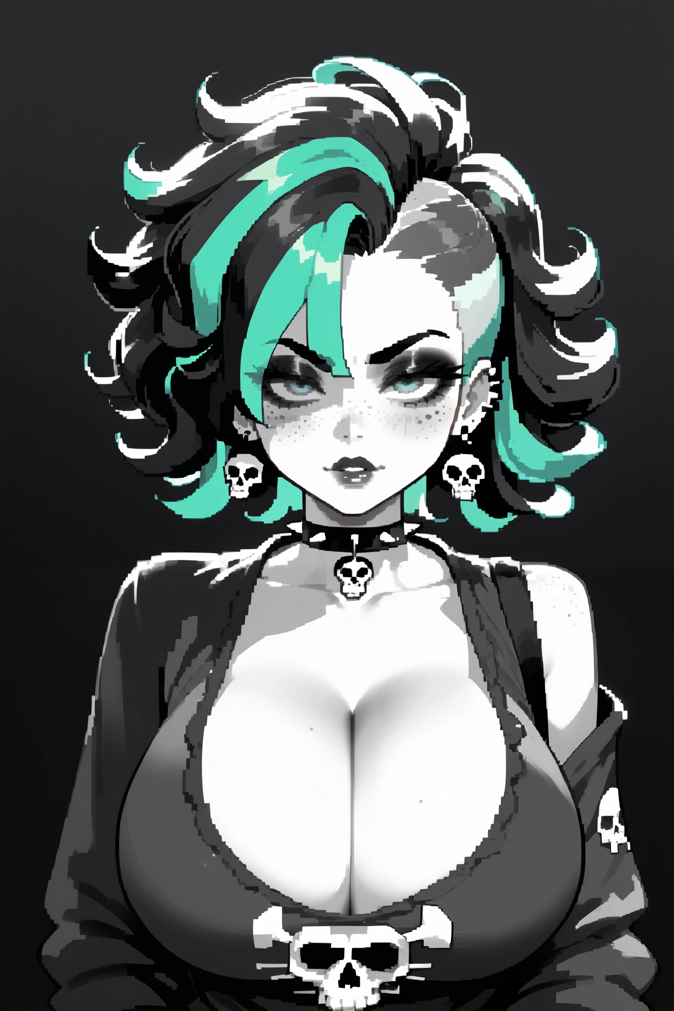 (masterpiece:1.2), (best quality), (ultra detailed), (8k, 4k, intricate),(full-body-shot:1), (highly detailed:1.2),(detailed face:1.2), (detailed background),there is a young woman with black and magenta dreadlocks and piercings posing for a picture, with curly magenta hair, big breasts, sexy black crop top with long sleeves and circle-shaped silver necklace, big breasts, thick eyelashes, black eyeliner