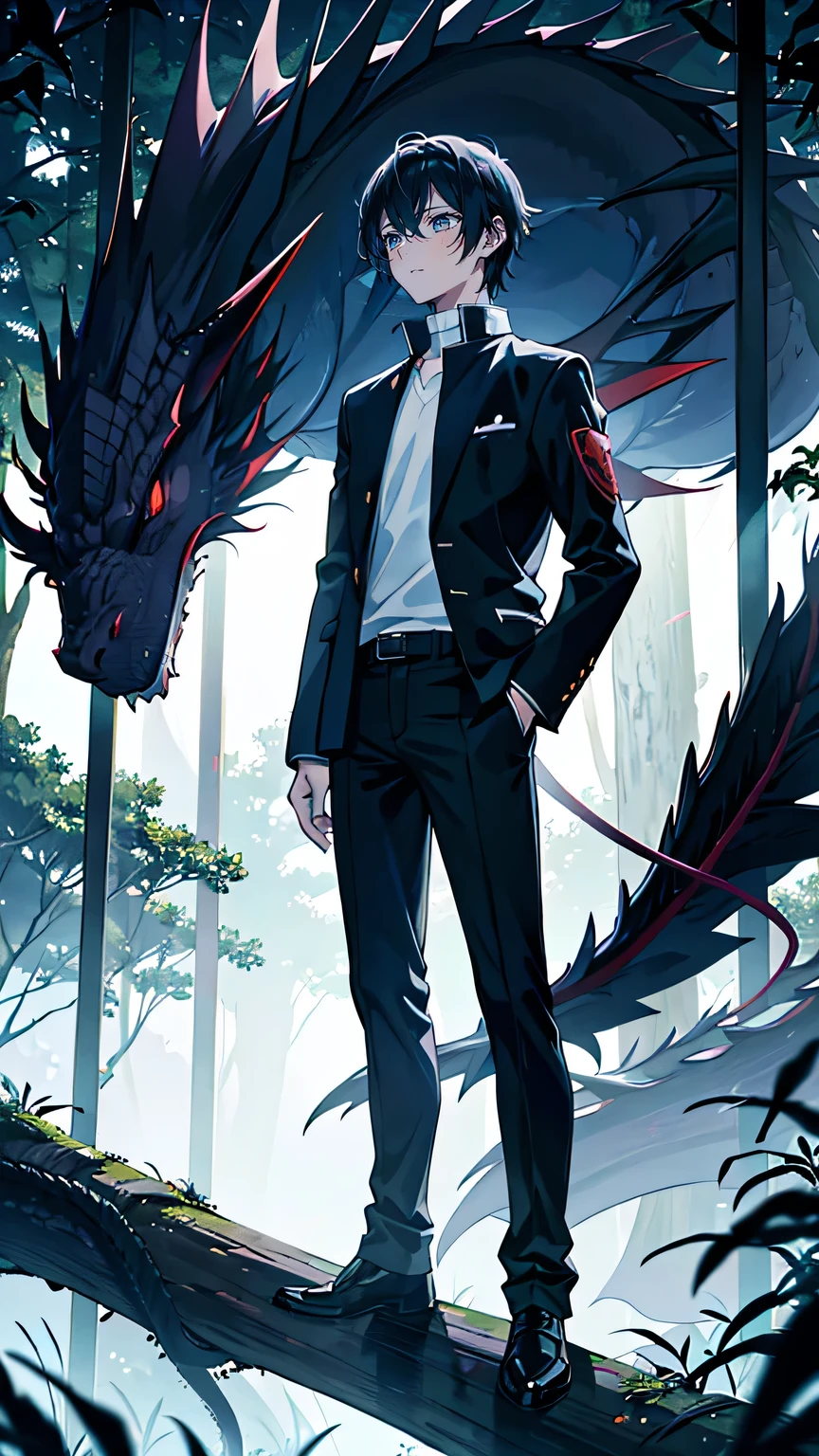 “Depict a shy and introspective teenage boy, Kazuya, standing alongside his small dragon-like digital pet, Ryuu. Kazuya has medium-length black hair and is wearing a casual high school uniform, with a digital device in his hand. Ryuu, the dragon, is sleek and slightly glowing, with sharp eyes and a determined expression. The scene is set in a dense forest where the digital and real worlds blend, with holographic effects subtly overlaying the natural environment. Kazuya’s posture shows hesitation but also quiet determination, while Ryuu looks ready for battle, showing their growing bond.”