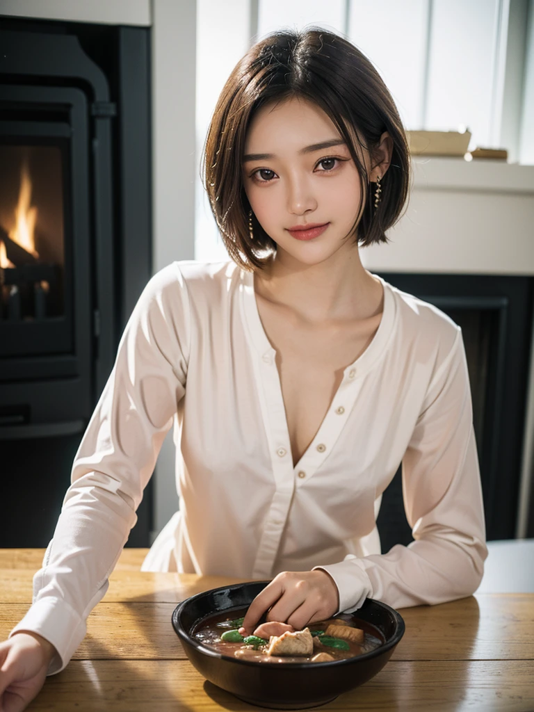 (8K, Highest quality, Tabletop:1.2), (Realistic, Photorealistic:1.37), Super detailed,((( 1 Girl))),alone,Beautifully detailed skies,Detailed Cafe,Daytime,Sitting,Date,(Red nose),(smile:1.15),(Mouth closed) Small breasts,Beautiful attention to detail,(shirt:1.1), Daytime, Wet, rain,White lace, (short hair:1.2),Floating Hair NovaFrogStyle, ((whole body)),stand, sexy, cute