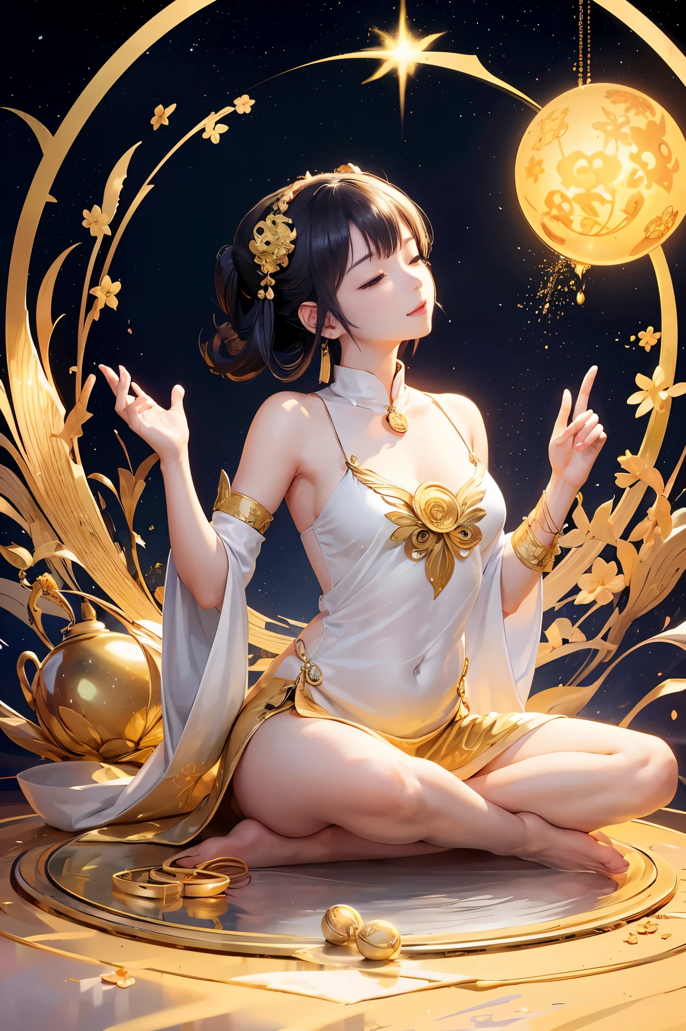 (Buddhist paradise、Gold Dust、Silver、Ruri、agate、Several large crystals、Halo、Kannon Bodhisattva)、god々A good appearance、Golden aura shining、白Silver色の明るい世界、Flowers are blooming all over the place、Seated on a lotus pedestal、Official artwork、Crystal clear white dress、barefoot、(masterpiece、highest quality、High resolution、8k)、The composition is excellent、
