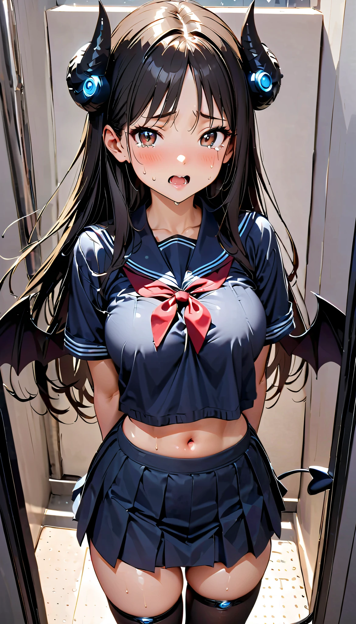 (Slender, yo, large breasts, cameltoe,(tented, compression, school uniform)), (midriff, ふともも, くびれ), (Navy mini skirt), white panties, (1girl, Reica Shimohira, GANTZ), long hair, brown eyes, black hair, beautiful detailed eyes, (cute eyes), black thigh highs, demon horns, demon girl, demon wings, demon tail, demon wings, arms behind back, (Carving Waistline), Shower room, (cowboy shot, from above), Best Quality, Super detailed, masterpiece, Ultra-high resolution, 8k, Embarrassing, blush, Nice, (With tears in my eyes), open mouth, sweat