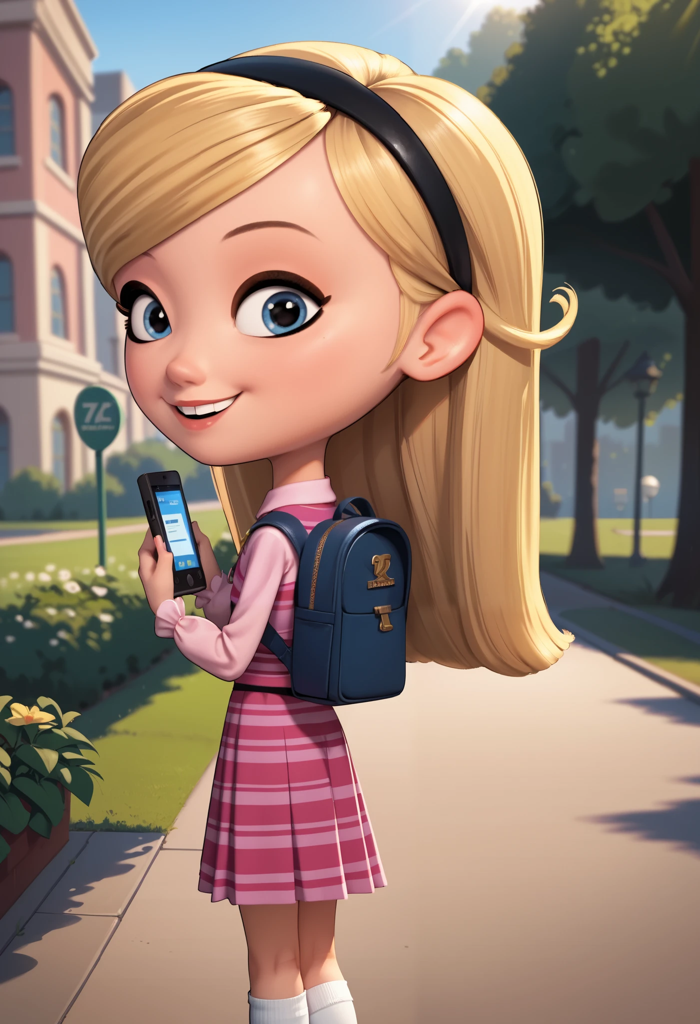 1girl, solo, penny peterson, long hair, blue eyes, 3d, blonde hair, skirt, pleated skirt, hairband, black hairband, white socks, dress, pink dress, long sleeves, puffy sleeves, Black Mary Janes, giggle, giggling, cute, beautiful, Carrying a backpack, outside, central park, benches, looking at viewer, sideview, looking back, back view, close up, excited expression ,brightly sunshine, cute smile, beautiful art, looking at viewer, soft lighting, chibi