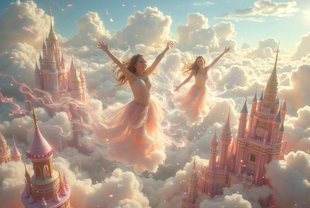 top angle:1.4, dramatic angle view, masterpiece, Realistic, hyper realistic, best quality, best details, rich details,
Magical Dessertland, People riding on clouds flying over a city made of candy and cookies while spewing soap bubbles,