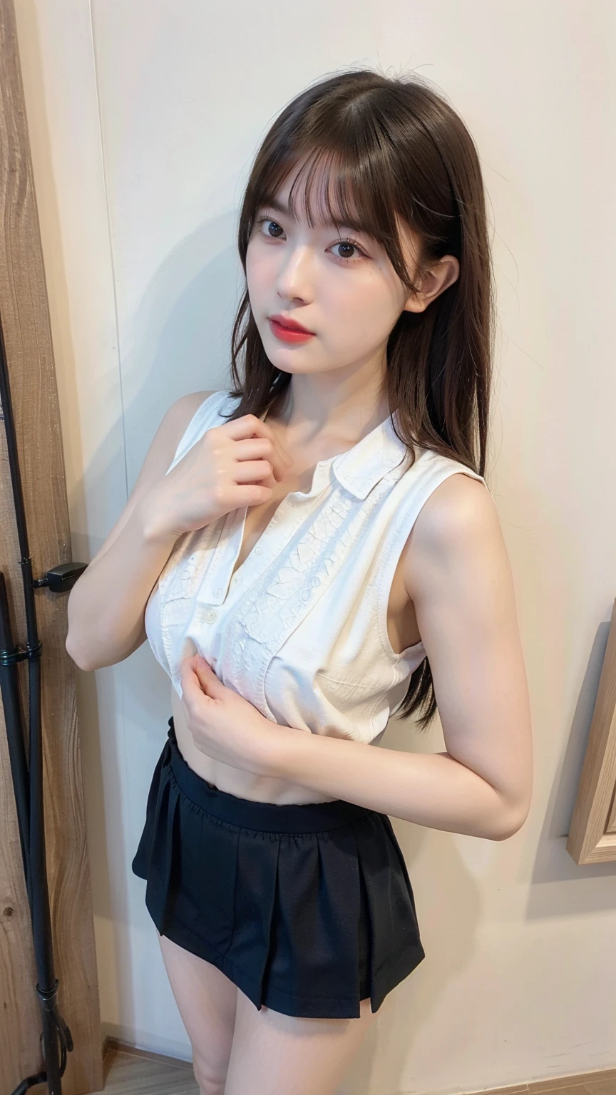 ((Best of the highest quality, 8k, Masterpiece, raw photo: 1.2)), (Sharp focus: 1.2), (1 AESPA, slim body type female, 21 y/o: 1.1), (Solo: 1.28), (realistic, photo-realistic:1.37), face focus, cute face, finely eyes, (droopy eyes: 1.32), (Emphasize prominent aegyo-sal with bright: 1.2), shimmering eyeshadow applied under the lower lash line, paired with thick, (small breasts, flat chest, Thigh: 1.3), (short messy hair, updo: 1.28), (wearing button down business shirt, panties: 1.32), sitting on rice field, paddy field, flower, (from below: 1.12)