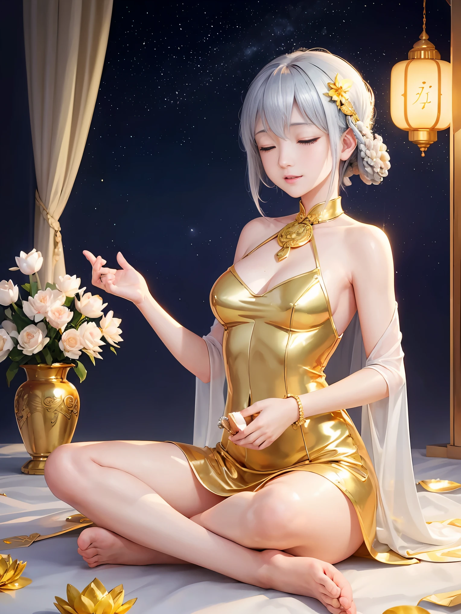 (Buddhist paradise、Gold Dust Show、Silver、Ruri、agate、Several large crystals、Halo、Many Kannon Bodhisattvas)、god々A good appearance、A dazzlingly bright world、Daytime world、Flowers are blooming all over the place、Seated on a lotus pedestal、Official artwork、Crystal clear white dress、barefoot、(masterpiece、highest quality、High resolution、8k)、The composition is excellent、