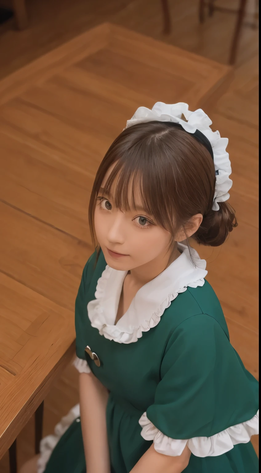 Tabletop, highest quality, shape, Very detailed, In detail, High resolution, 8k wallpaper, Perfect dynamic composition, ((close:1.3, From above, View your audience)), Beautiful details , (Wearing cotton maid clothes, , Cute Ruffle Girl Dress, Maid's headband, Base color is white、black、green),Twin tails