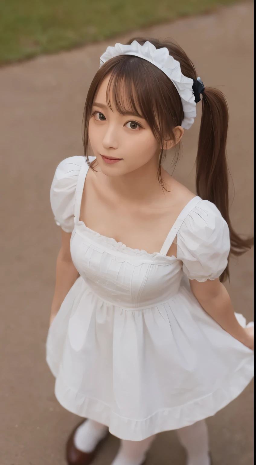 Tabletop, highest quality, shape, Very detailed, In detail, High resolution, 8k wallpaper, Perfect dynamic composition, ((close:1.3, From above, View your audience)), Beautiful details , (Wearing cotton maid clothes, , Cute Ruffle Girl Dress, Maid's headband, Base color is white、black、green),Twin tails