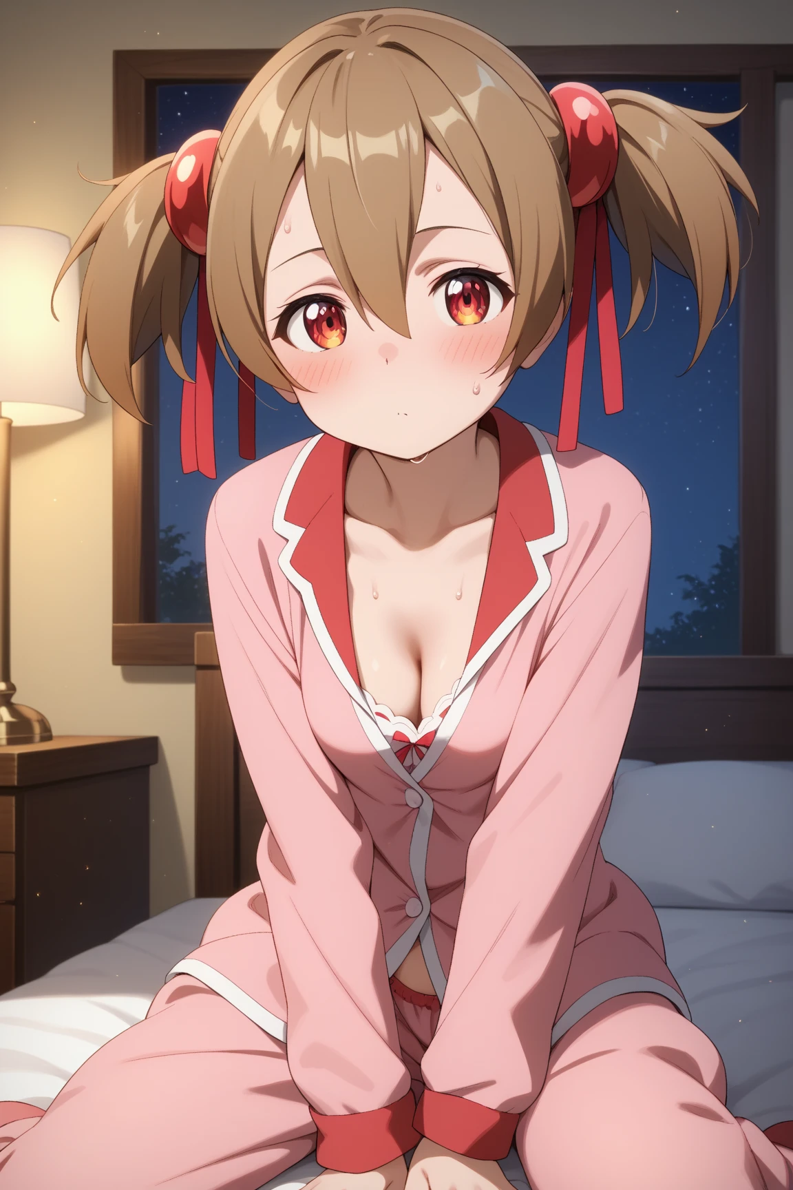 (masterpiece, Highest quality), One girl,    Yunyun,Long Hair,Braiding,Twin tails,Hair between the eyes,Red hair ribbon,hair ornaments,large round breasts,、Black Hair、Red Eyes、(Happy Face:1.2)、bed、Crown Blade,(Yellow off-the-shoulder pajamas:1.5)、(blush)、Sitting、(Pink underwear:1.2)