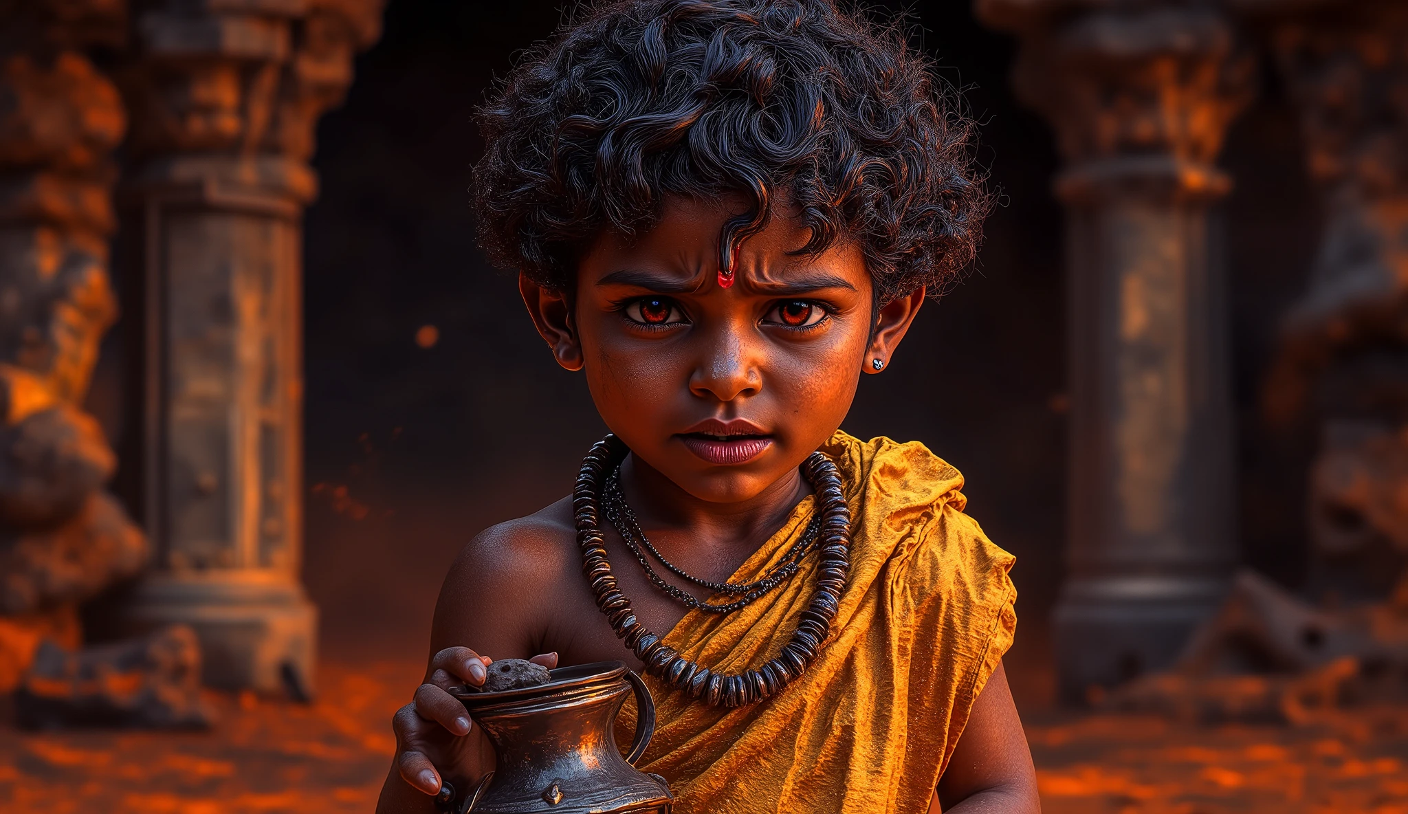 Depict Dhruva, a young boy with fair skin, curly black hair, and eyes full of innocence and hope. His face looks deeply hurt and angry as he is insulted. He wears a yellow silk dhoti and kurta, with a tulsi bead necklace around his neck and holding a small water pot. His face radiates purity and determination, but his eyes are filled with pain.