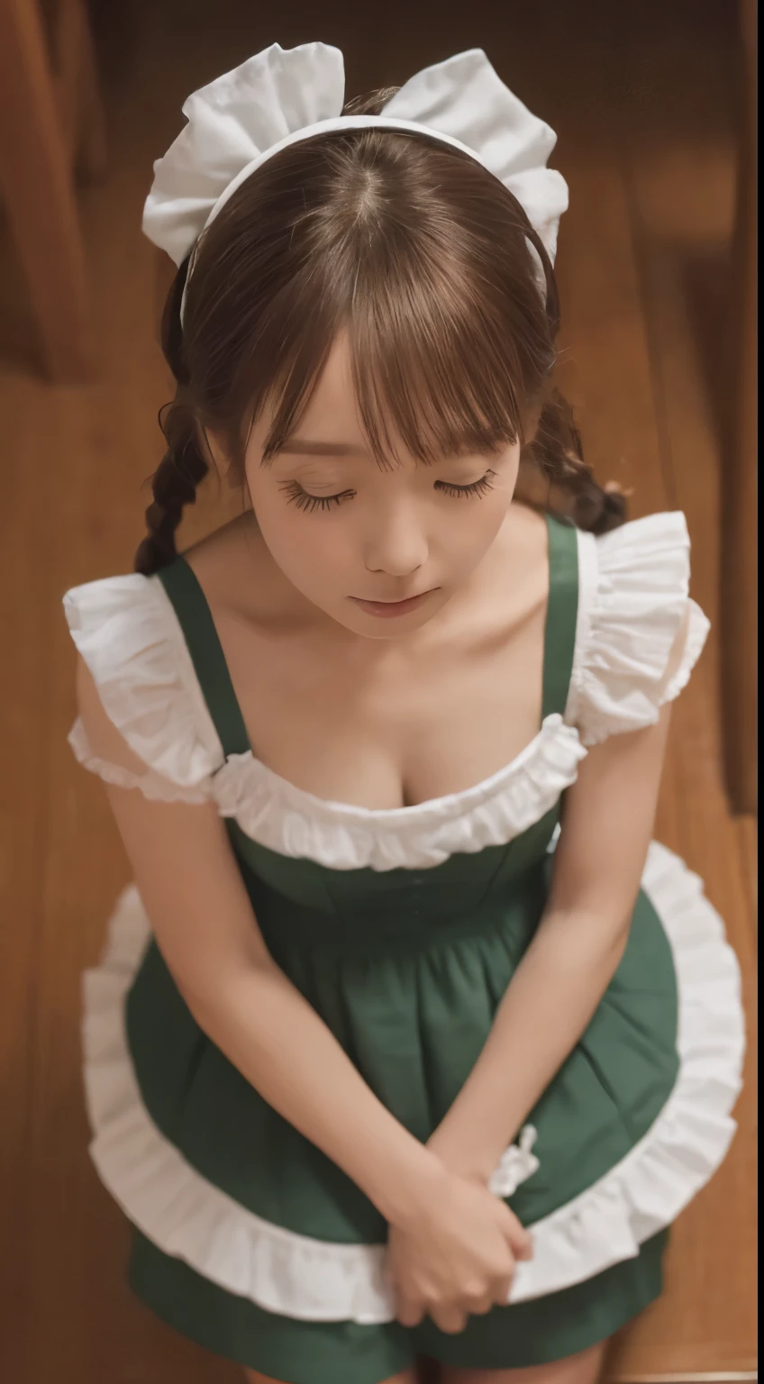Tabletop, highest quality, shape, Very detailed, In detail, High resolution, 8k wallpaper, Perfect dynamic composition, ((close:1.3, From above, View your audience)), Beautiful details , (Wearing cotton maid clothes, , Cute Ruffle Girl Dress, Maid's headband, Base color is white、black、green),Twin tails