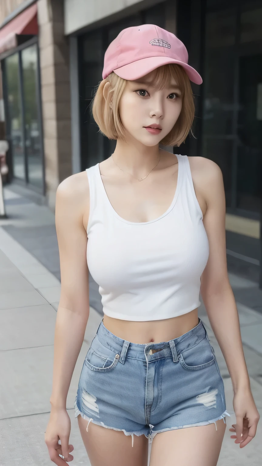 Cha Hae-in, solo leveling, blonde hair, short hair, bangs, wearing a white tank top, jean shorts, wearing a pink hat, on the sidewalk, perfect body, standing, looking at the camera, big breasts, full body, perfect breasts, beautiful, beautiful woman