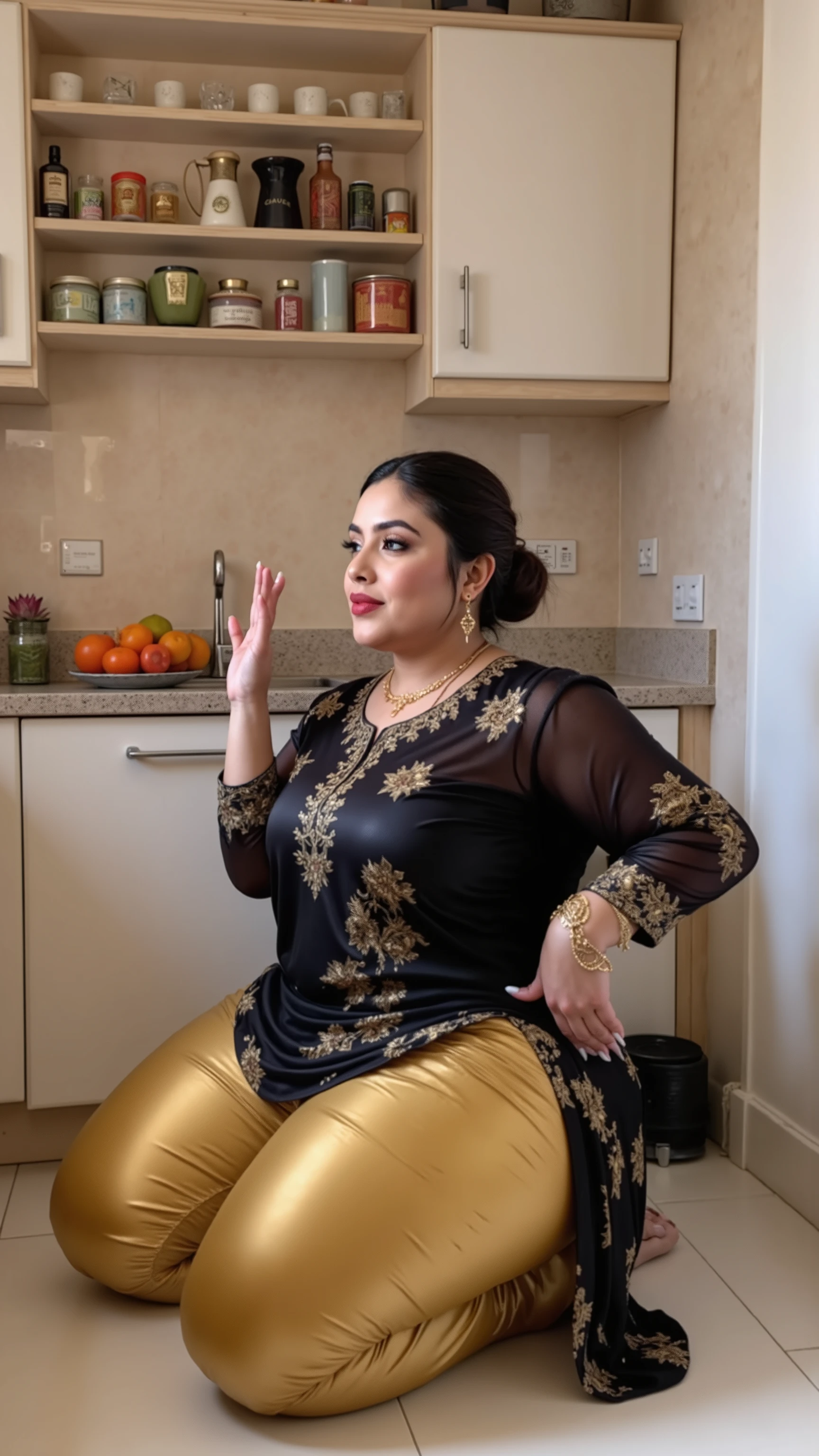 I am 40 year old plus size tall and big giant indian muslim women, looking like indian actress hansika motwani, wearing a gold boarded sleeveless transparent black kurti and shining reflective glossy gold knee length leggings, black hair tied around, flowers in head,sandal mark on forehead, sindhur on forehead (vermilion mark on forehead in the middle of hair partition,transparent white Saree, dark red lipstick, black eyeliners, eyelashes,eyebrows,eyeshades,golden noserings,hanging ear rings,long golden chain on neck,white-skin,white skin tone, beautiful face, dark red lips, clean skin, celebrity face,Gold stelito heels,thick leggs, round ass,bulging ass,huge breast, side view of woman exposing ass ass and thighs through open kurti slit,sitting on knees in kitchen for muslim prayer, both hands kept on thighs,