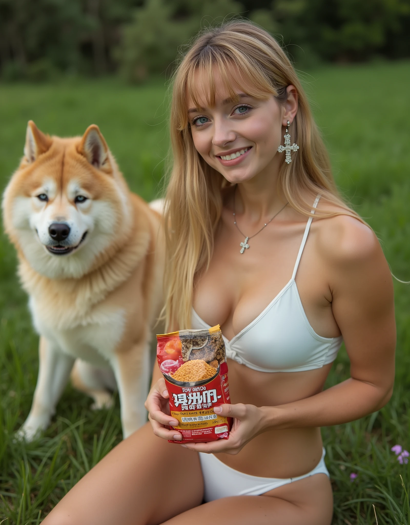 CM poster, Front view, full body, sitting knee ,both hands is holding 1 colorful package big dry food of dog, on lawn ground, looking at camera, American girls 20-age , American next fashion model and actress, (light golden middle hair, straight hair, fringe, cute face, intellectual face, beautiful blue eye, natural make, big smile, cross design earring and neck less), (big breasts, middle hip), (White micro bikini, White micro bikini pantie), near pretty Japanese Akita dog, cinematic lighting ,(masterpiece, Best Quality, high resolution on down, Realistic, sharp, RAW photos from the last century, wallpaper, perfection, Professional Lighting, very detailed)