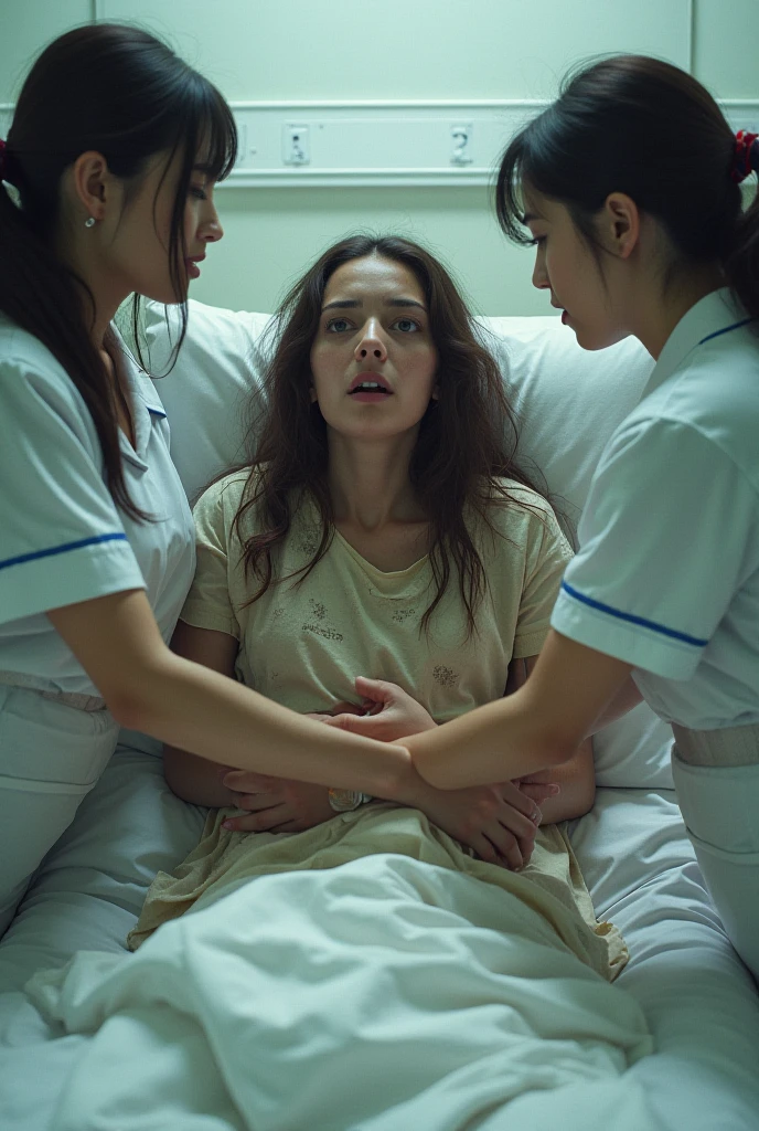 A pregnant woman crying in the hospital and 4 female doctors are caring her in the hospital bedroom