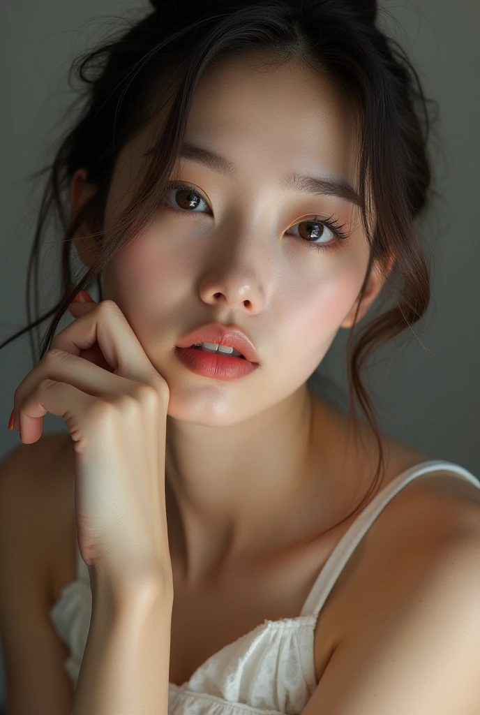 Best quality, masterpiece, ultra high res, (photorealistic:1.5), raw photo, 1girl, offshoulder, in the dark, deep shadow, low key, cold light, sexy look, short hair