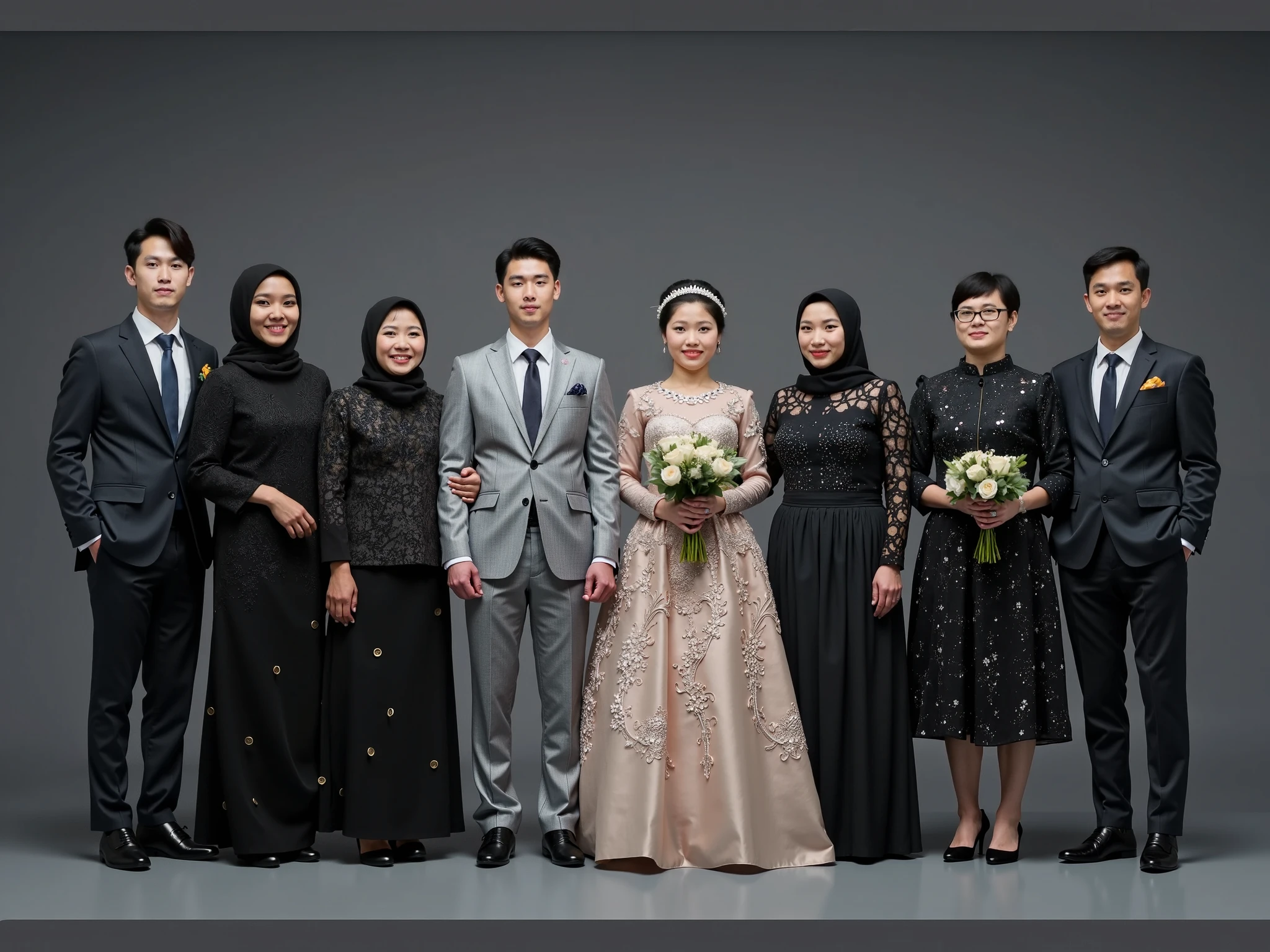 Indonesian family photo, 45 year old man, wearing a black suit, 43 year old woman wearing a golden kebaya, two boys aged 25 and 14 years old wearing black suits together, photo studio background decorated with lights and flowers, detail, best photography, ultra HD.