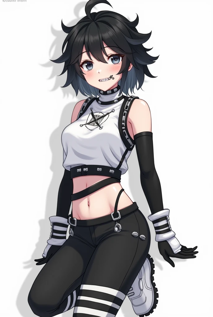 score_9, score_8_up, score_7_up, 1girl, standing, nagatoro hayase, solo, hud_sp1ked, chain, spikes, leather, skirt, corset, anime, hair clip, grin smile, tan, dark-skinned female, hadegalchainbelt, large o-rings, chain-belt, black cropped jacket, light green camisole, white shorts, navel piercing, masterpiece, ultra-detailed, 4k, look straight at viewer,