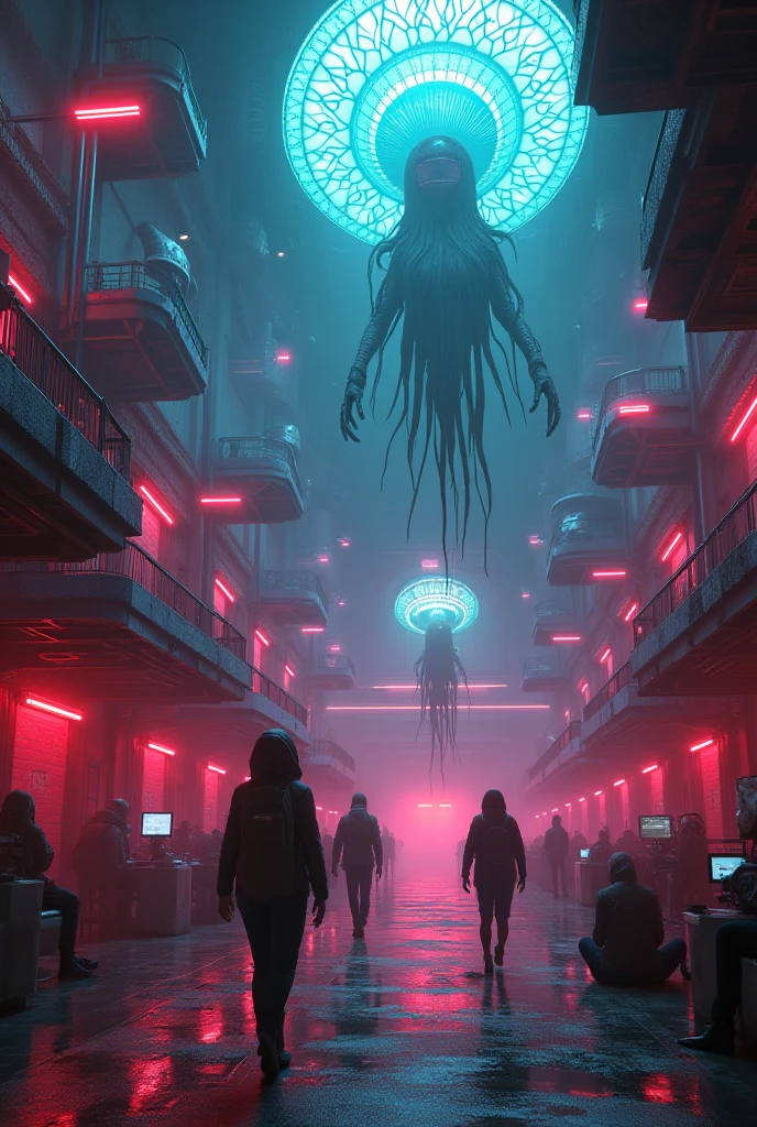 A monster stands at the back of the train, trying to devour it. Night, psychedelic, surreal, bloody