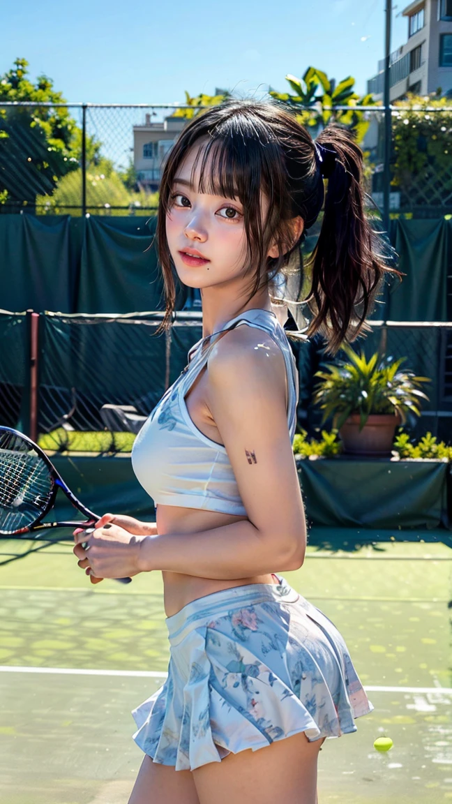 1girll,tennis player,s the perfect face,crisp breasts, Convex buttocks,Tattooed with,White sports short sleeves,Short white pleated skirt,White sport socks,White tennis shoes,Wet hair,High ponytail,body soaking wet,Swing the paddle,tennis court,Sunnyday,Clouds, Detailed background, Clothing details, perfectly proportioned, filmgrain, Fuji colors, lightand shade contrast, tmasterpiece, high detal, high qulity, A high resolution, Cinematic lighting, 8K, Textured skin, Super detail