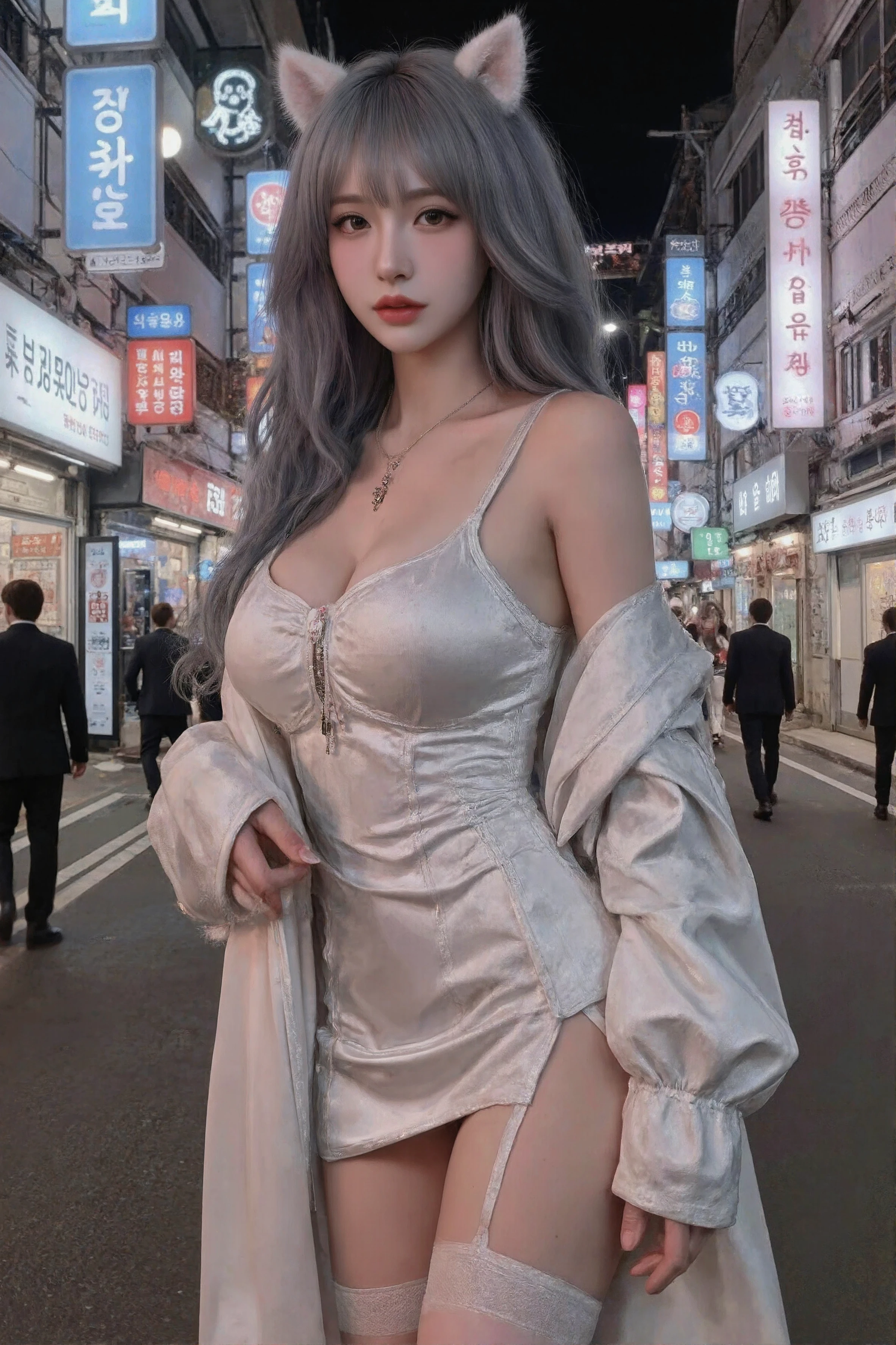 (masterpiece, Highest quality, Complex), Cowboy Shot, ((lean forward to emphasize the chest)), 1 girl, Cute eyes, Beautiful Face, Perfect round ass, Fit and body, ((Beautiful mature woman)), (/Black Mask:1.5/, /Grey tight long dress with plunging neckline:1.2/ & Lightweight cardigan), clavicle、Captivating smile, Mischievous face, Sweat, Snapshots of the city、Fashion magazine style、Street Fashion Magazines、stylish、Platinum Blonde Hair、Heart Necklace、(Very large breasts:1.3)