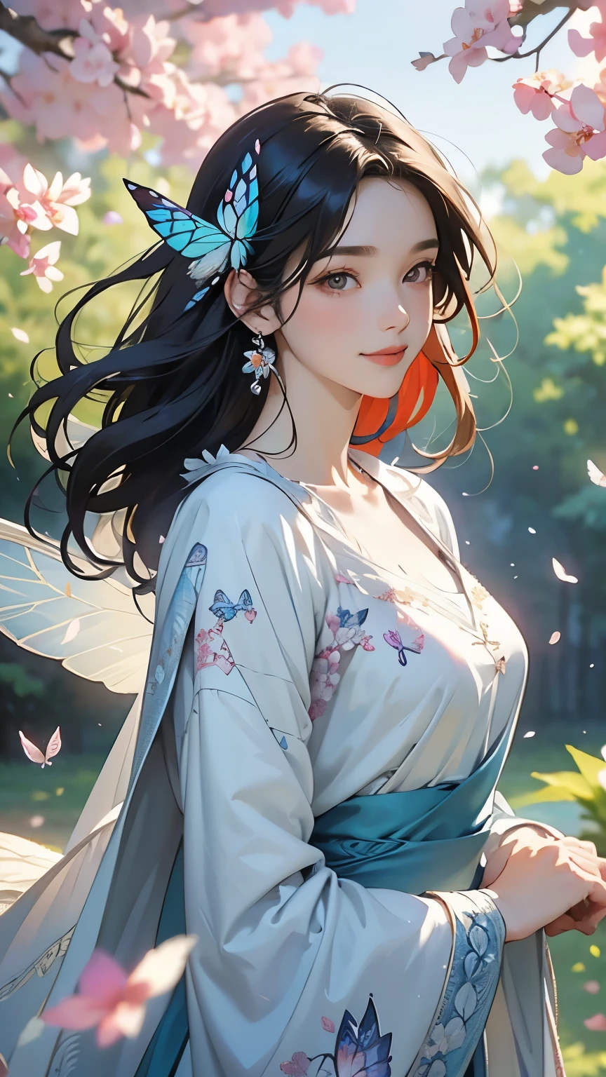 Masterpiece, best quality, side light, lens flare, ray tracing, sharp focus, dressed in Hanfu, a girl, dancing under the peach blossoms
