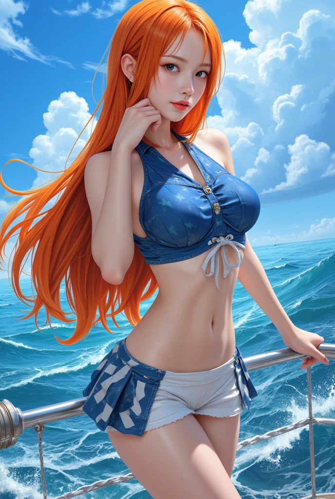 (((masterpiece+best quality+high resolution+ultra-detailed))), Nami, (one piece), long silky orange hair, high nose, sharp eyes, noble and inviolable temperament, (([female]: 1.2 + [beauty]: 1.2 + orange long hair: 1.2)), pirate ship background, bright eyes, dynamic angle and posture.