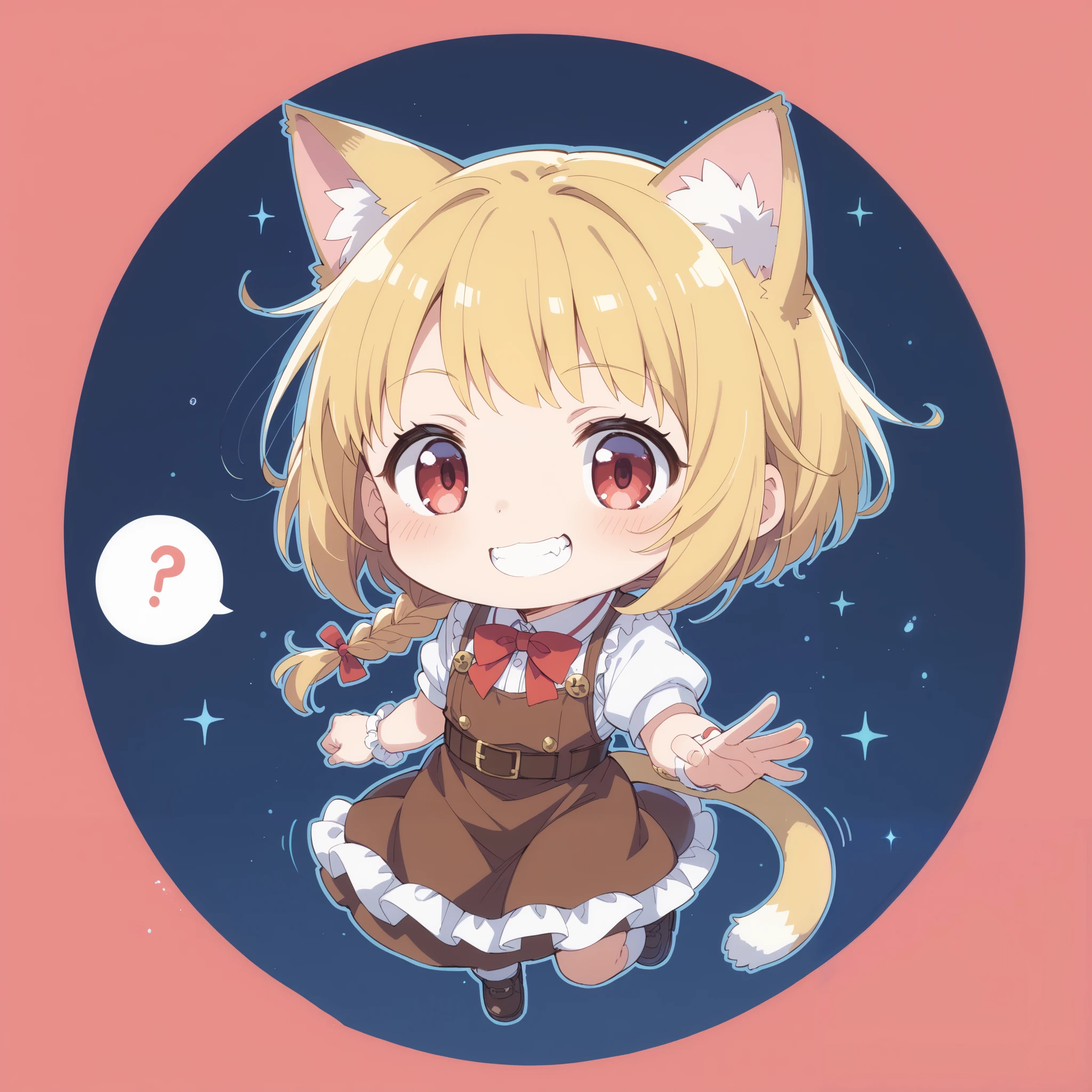 Cat ears、 bob cut blonde hair from right bangs、 huge breasts 、smile、Bright dress、 sharp face、 full body shot、 Chibi Chara、Running、brown leather shoes 、ear hair white fuzz 、 Side Braids 、前髪右より