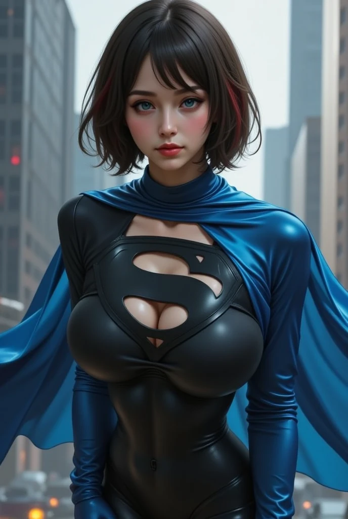 Supergirl perfect costume, Award-winner photo, magazine shot of a woman body set medium breasts, cute face, sexual posing, touching herself, ripped unbuttoned Supergirl costume dress, torn clothes, bellybutton, scratches, dirty, at the street of a ruined megapolis, post apocalyptic world, distopya, fallout, biohazard, cozy, sunset, dramatic light, warm light, rim light, hbo channel, Netflix movie