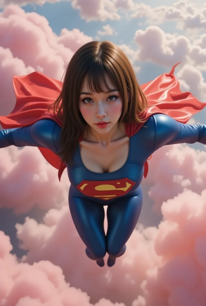 (masterpiece:1.4), (best quality), (detailed), (8k), (1girl, solo, sideways), (sidewalk), Clara Kent, superhero, bodysuit, short hair, red cape, blue eyes, wide hips, bending, bright dark blue costume.