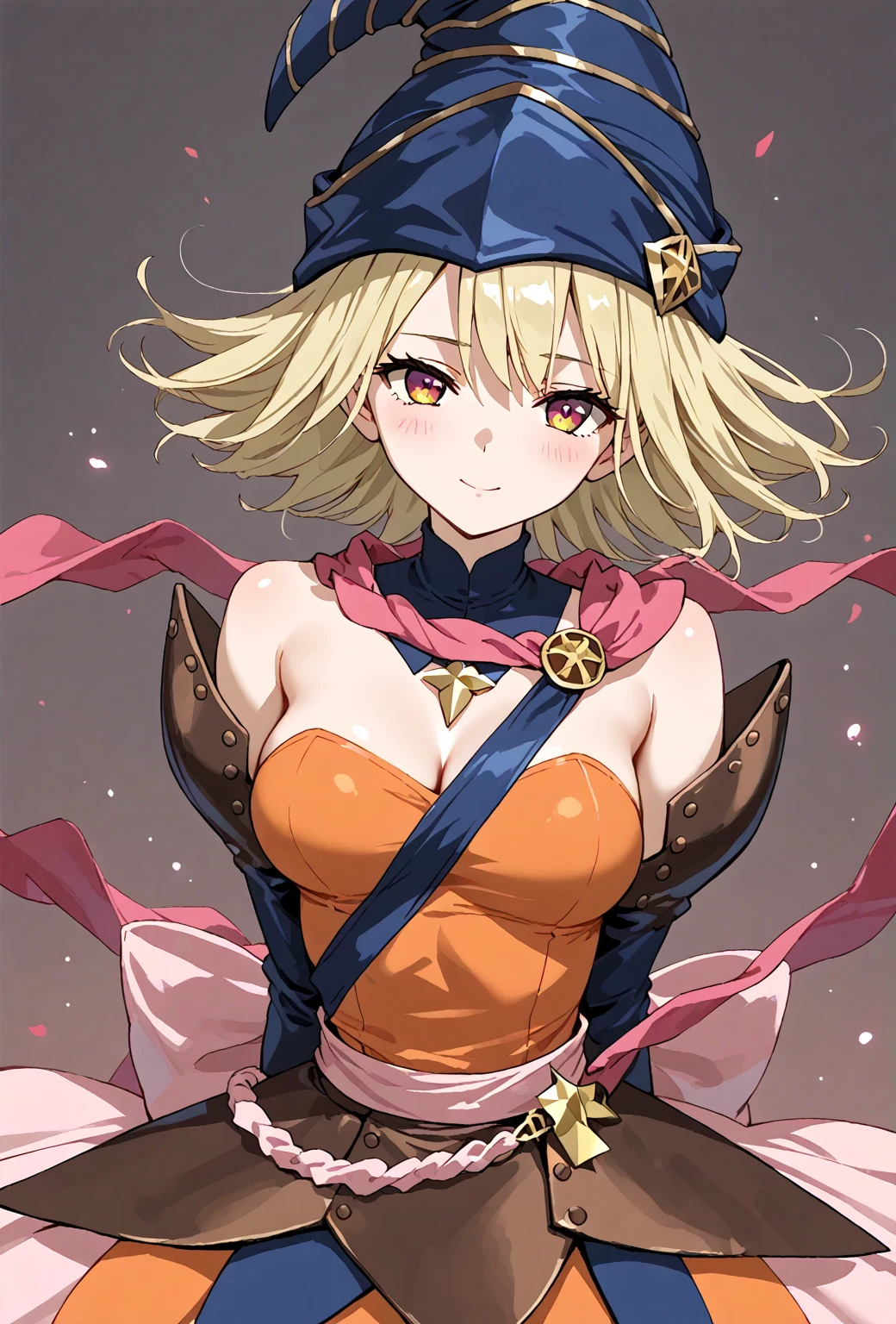(masterpiece, best quality), 1girl, <lora:Gagaga:0.8> GagaDef , short hair, blonde hair, red eyes, hair over one eye, breasts, large breasts, hat, bare shoulders, medium breasts, boots, detached sleeves, choker, blue footwear, duel monster, charm (object), wizard hat, gagaga girl