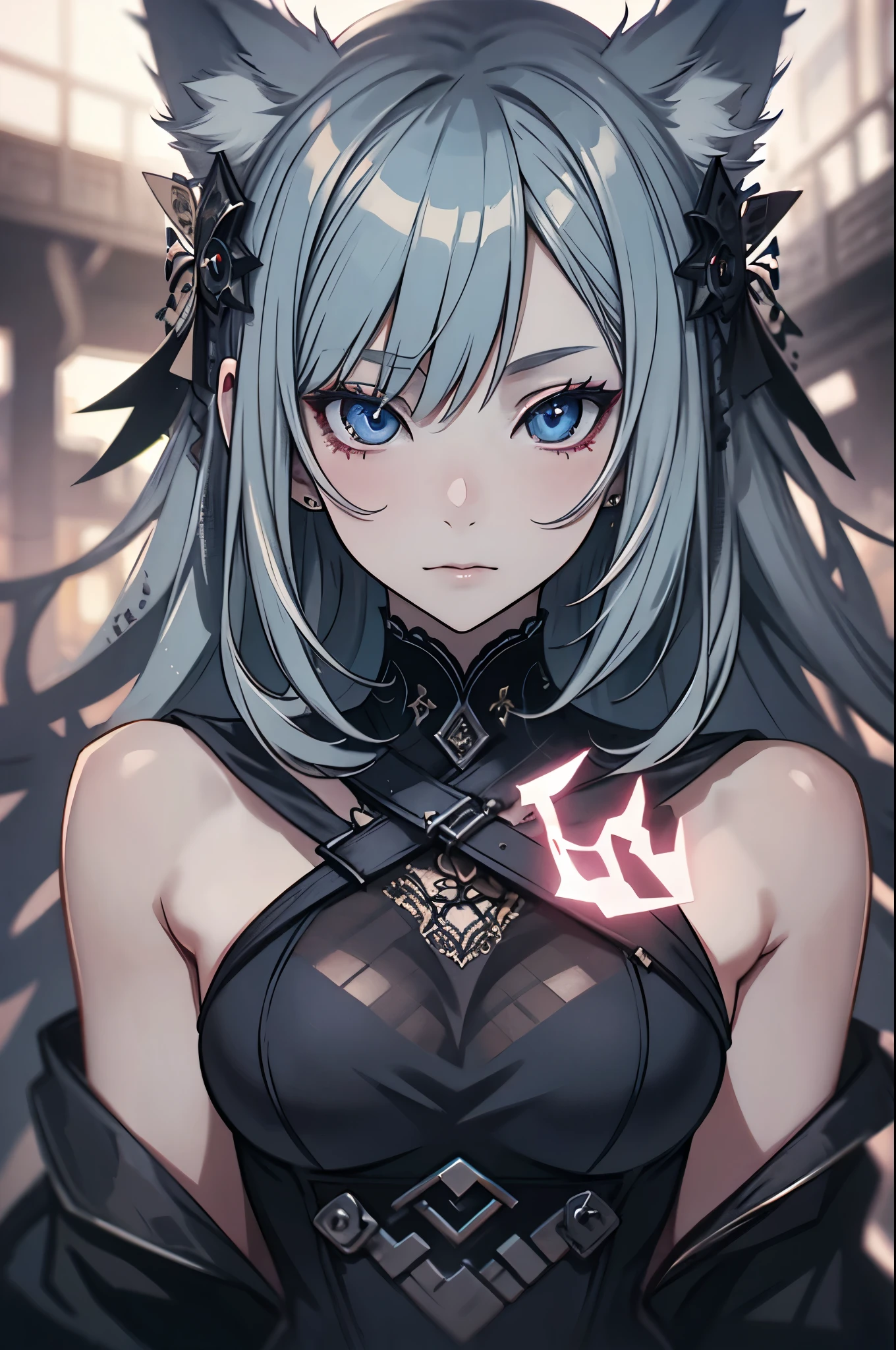 girl with wolf ears and tail, cute like face, large breasts, anime style, detailed portrait, beautiful eyes, highly detailed, intricate details, vibrant colors, dramatic lighting, cinematic composition, digital painting, masterpiece, photorealistic, 8k, hyper detailed
