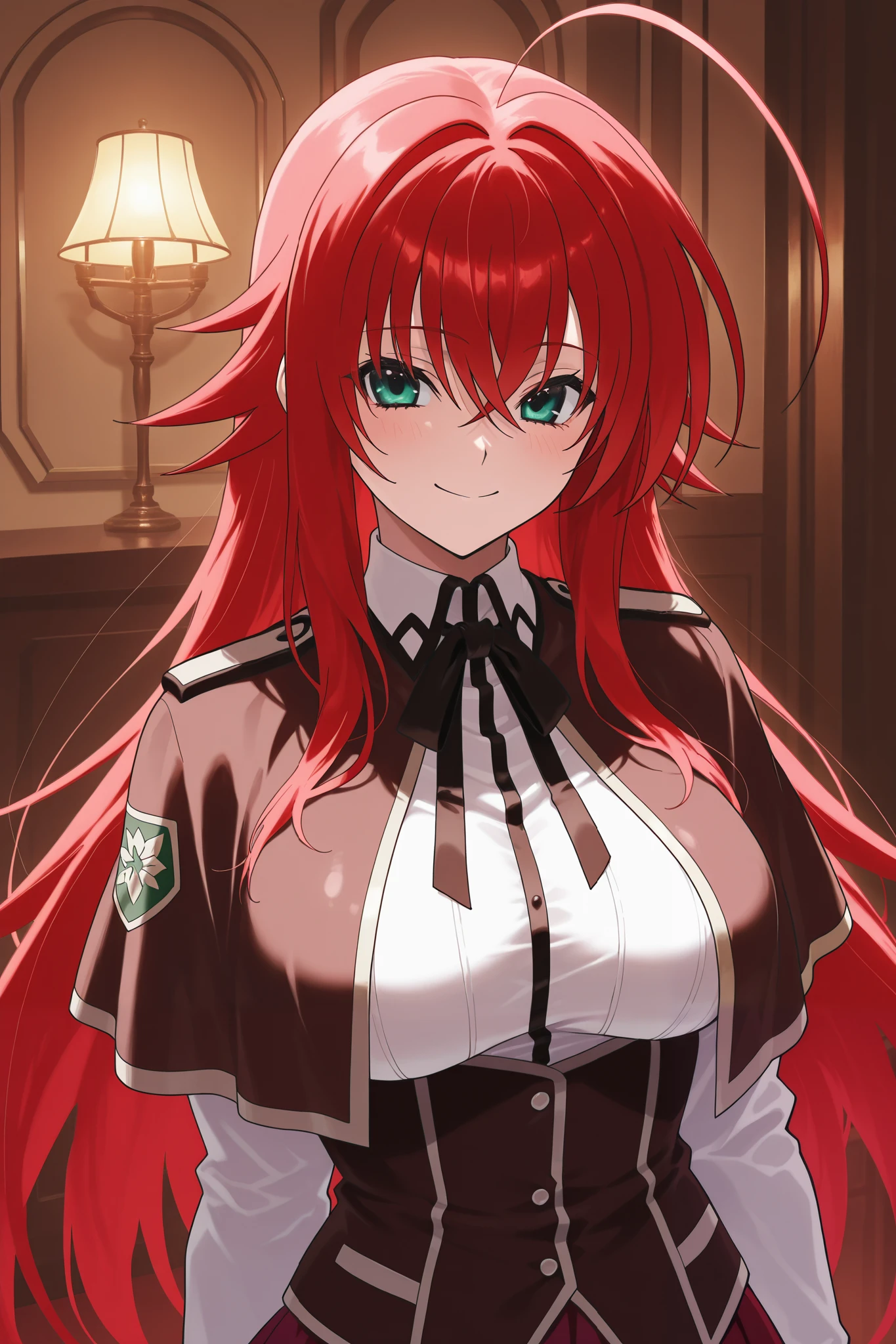 NSFW,masterpiece, best quality , high resolution, very detailed on trends, Rias Gremory 、Huge ahoge、 long hair、Hair between the eyes、 green eyes、Red Hair、 shirt、ribbon、uniform、白い shirt、黒いribbon、ネックribbon、 capelets、黒い capelets、 Long Sleeve、 skirt 、赤い skirt , bewitching smile,smile,Antique style room